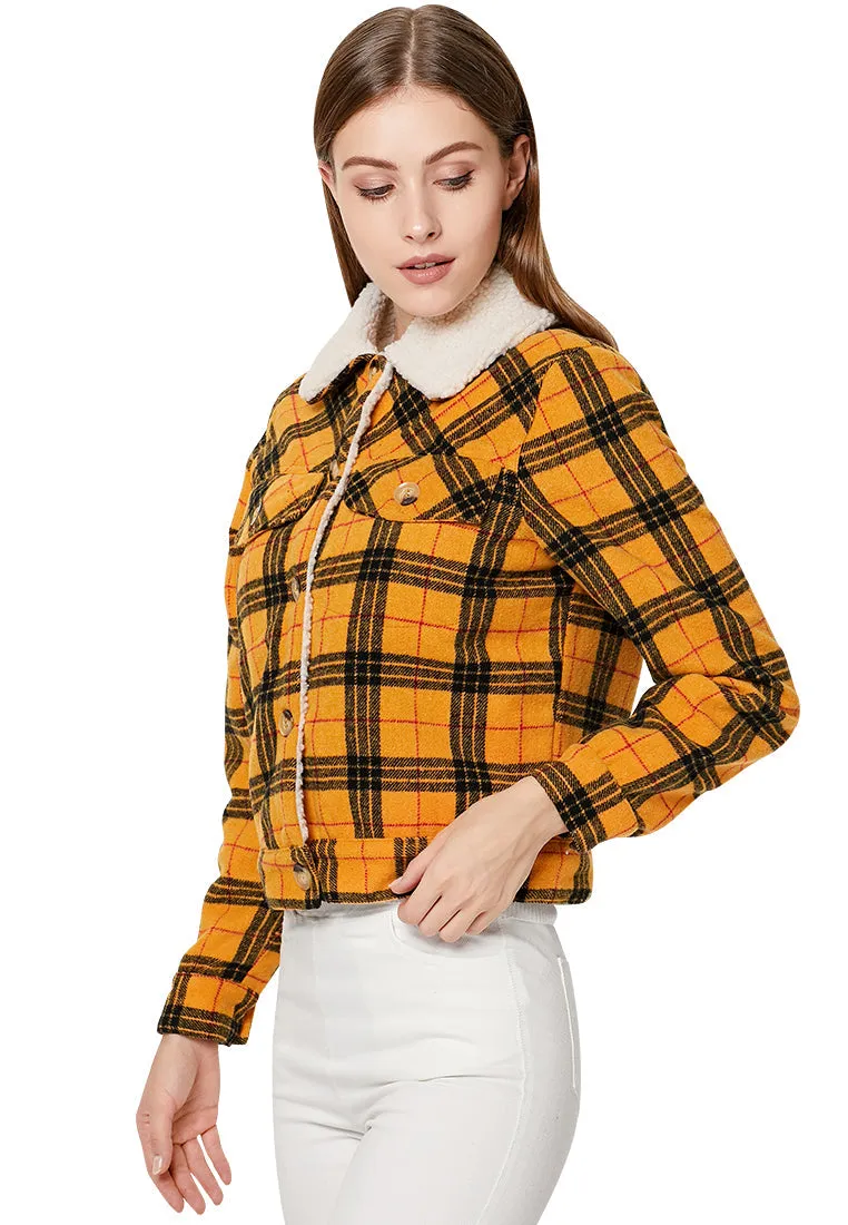 checkered faux fur trucker jacket