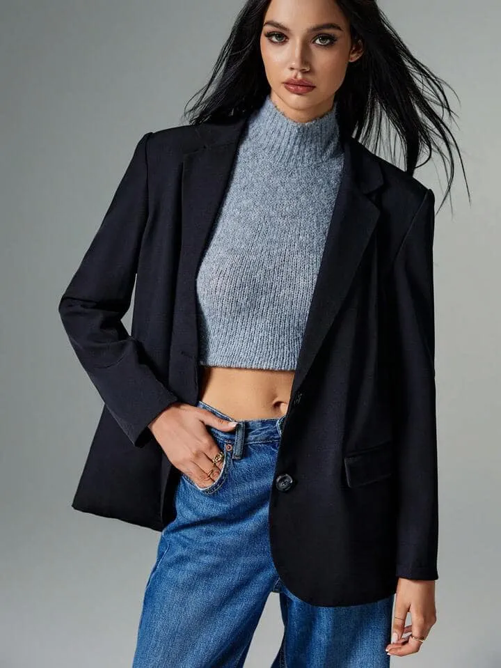 CM-CS671426 Women Casual Seoul Style Lapel Single Button Oversized Blazer - Black
