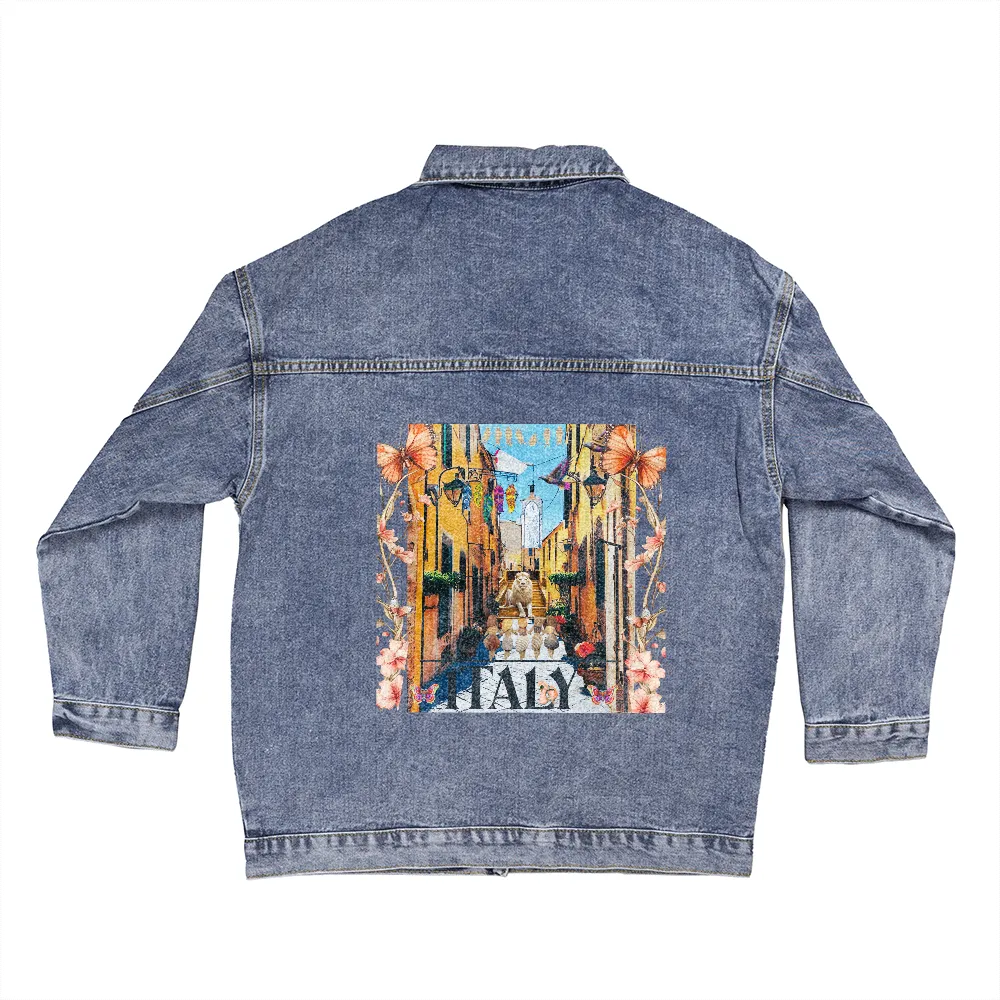 Cobblestone Street in Italy Collage Oversized Women's DTG Denim Jacket