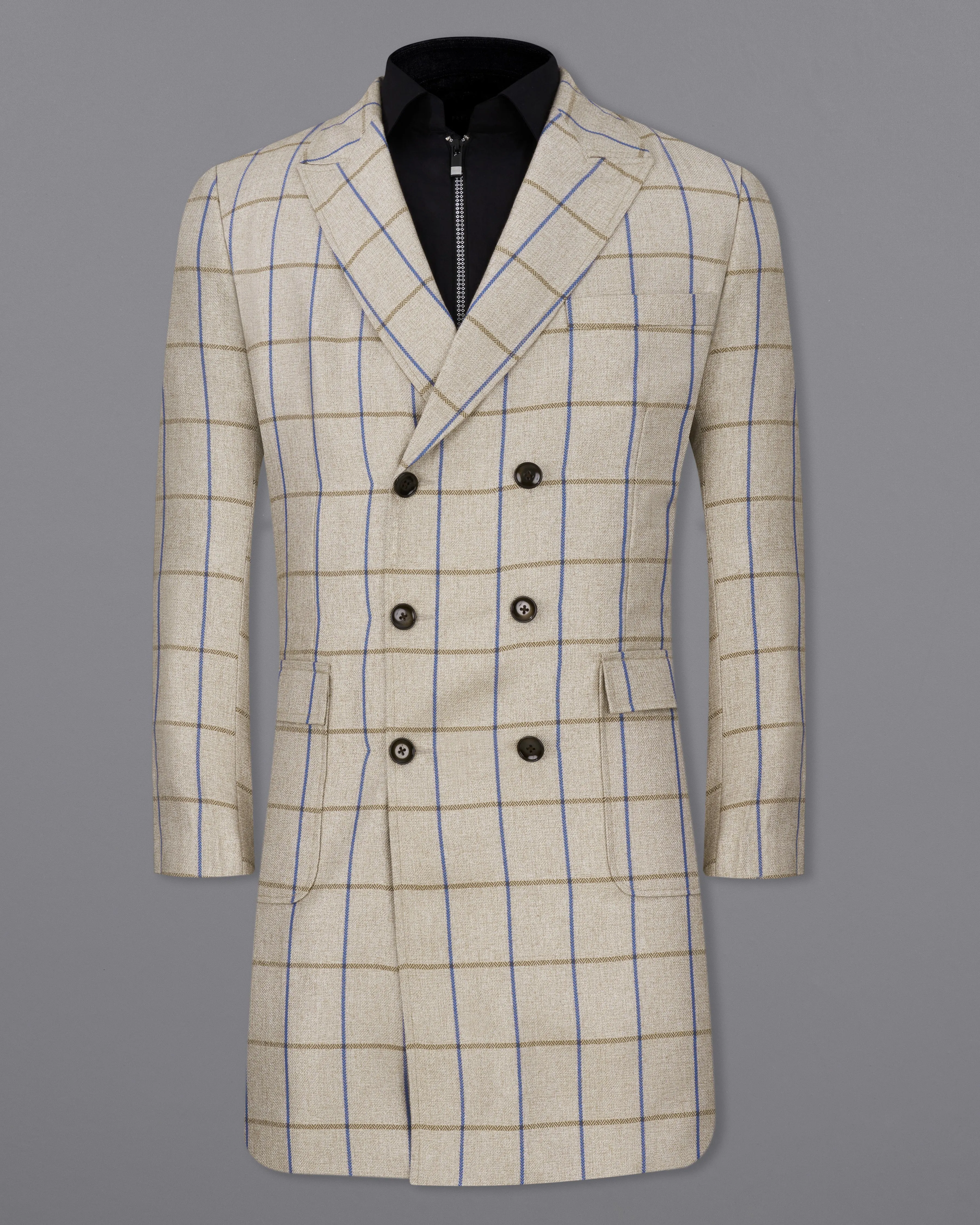 Coriander Cream Windowpane Double Breasted Trench Coat