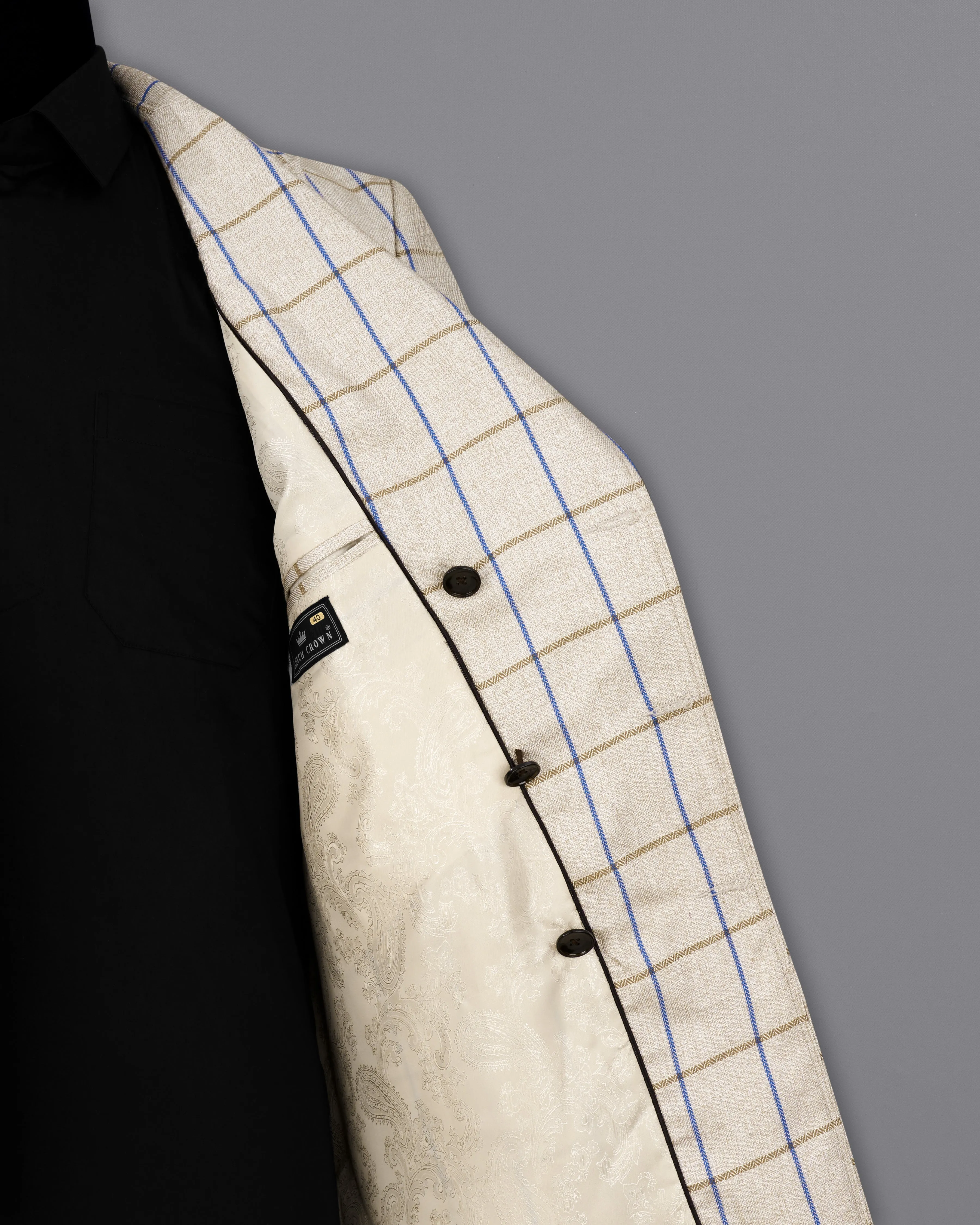 Coriander Cream Windowpane Double Breasted Trench Coat