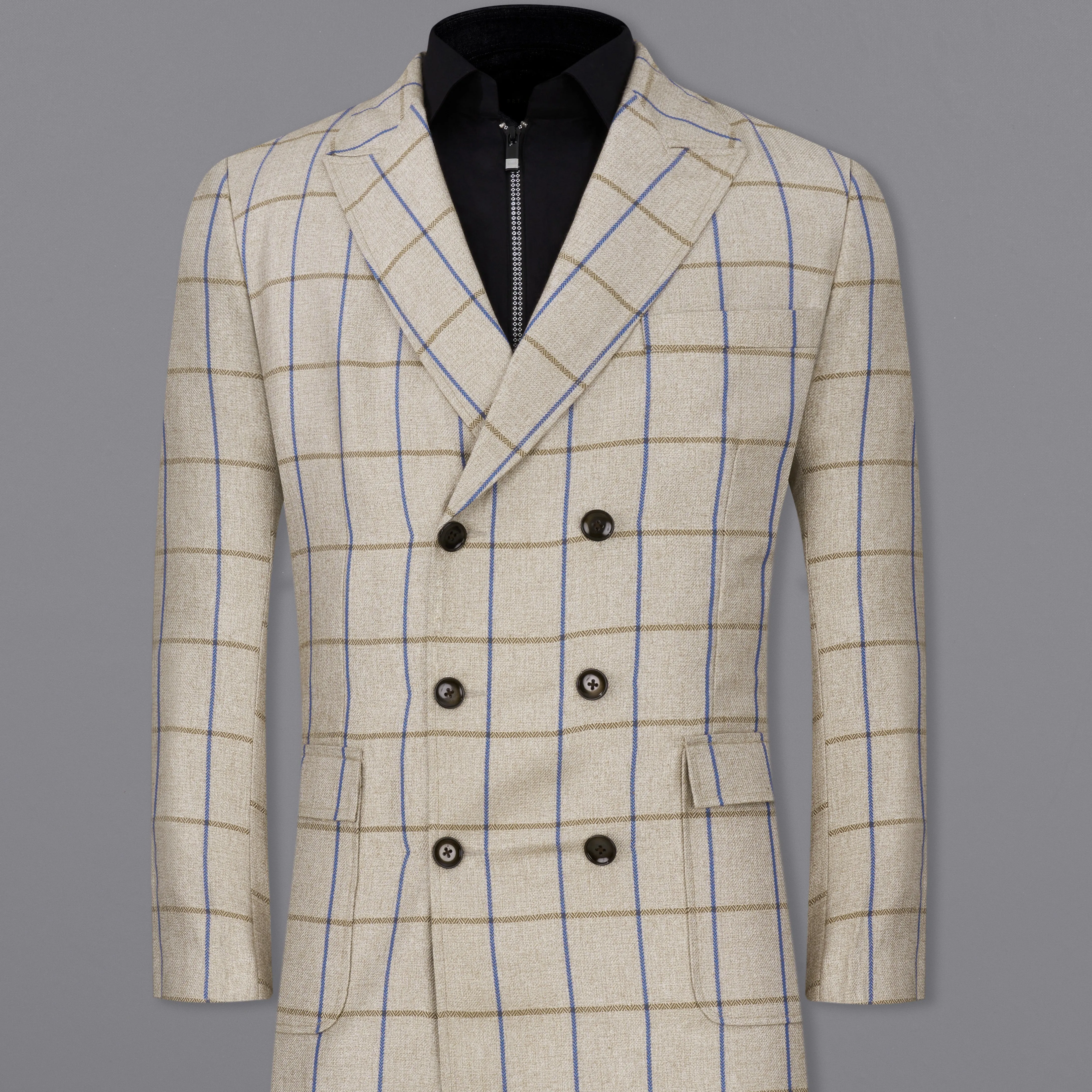 Coriander Cream Windowpane Double Breasted Trench Coat