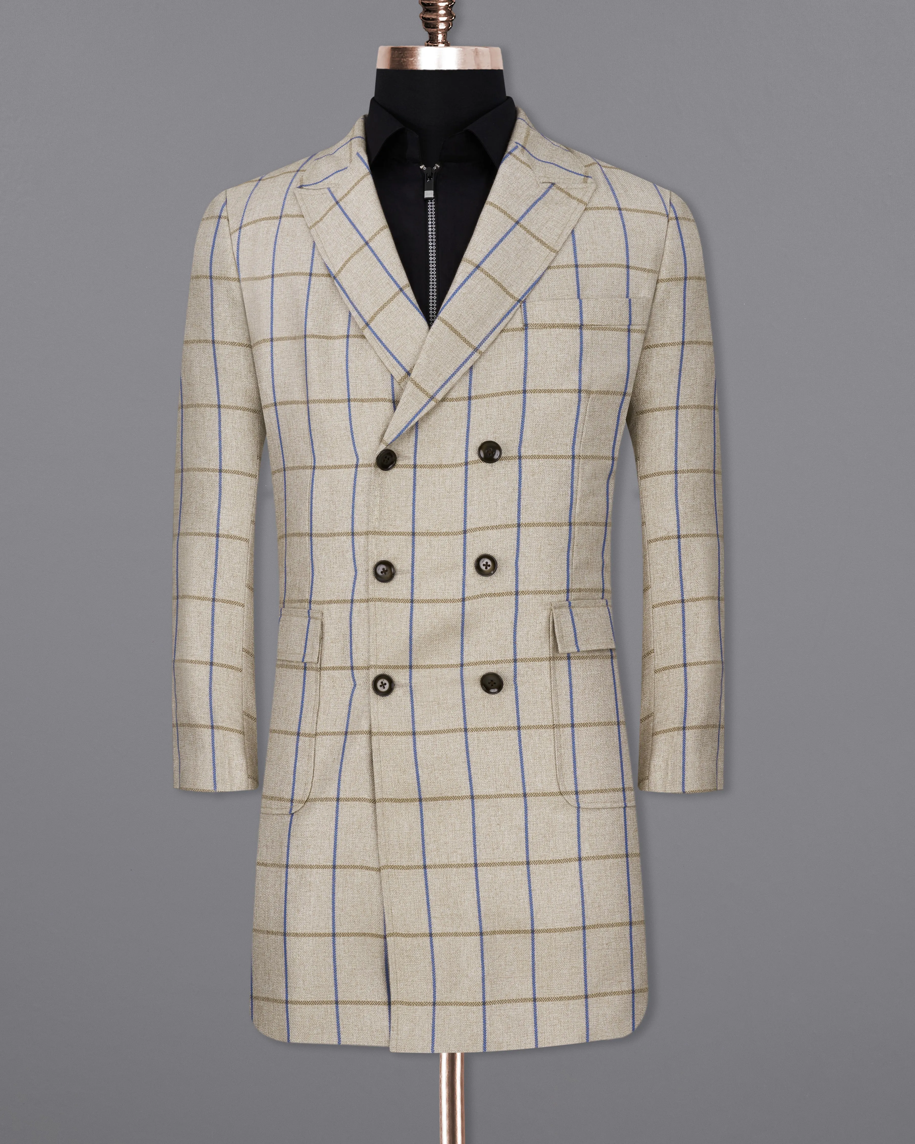 Coriander Cream Windowpane Double Breasted Trench Coat