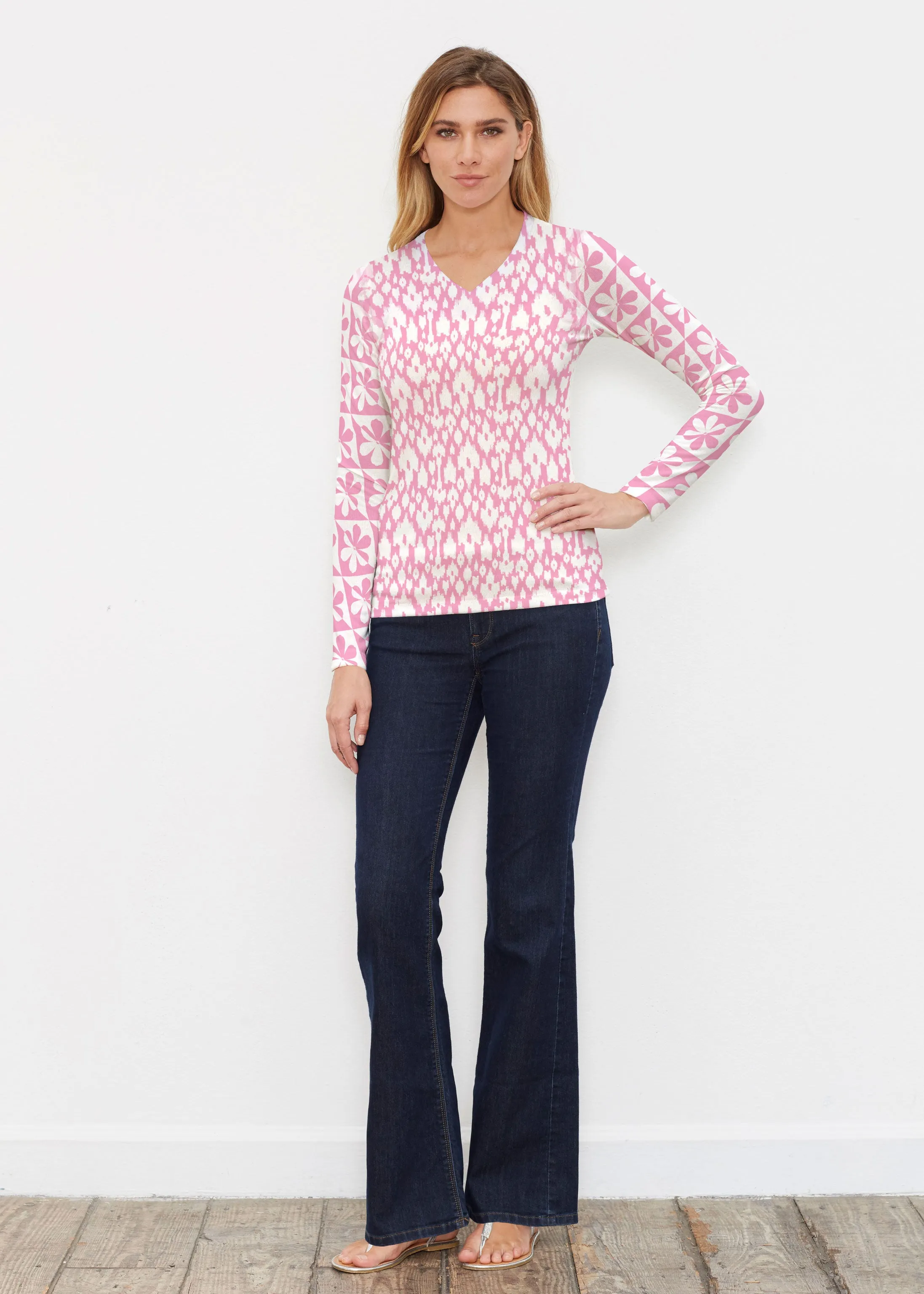 Cosmo Ikat (7933) ~ Butterknit Long Sleeve V-Neck Top