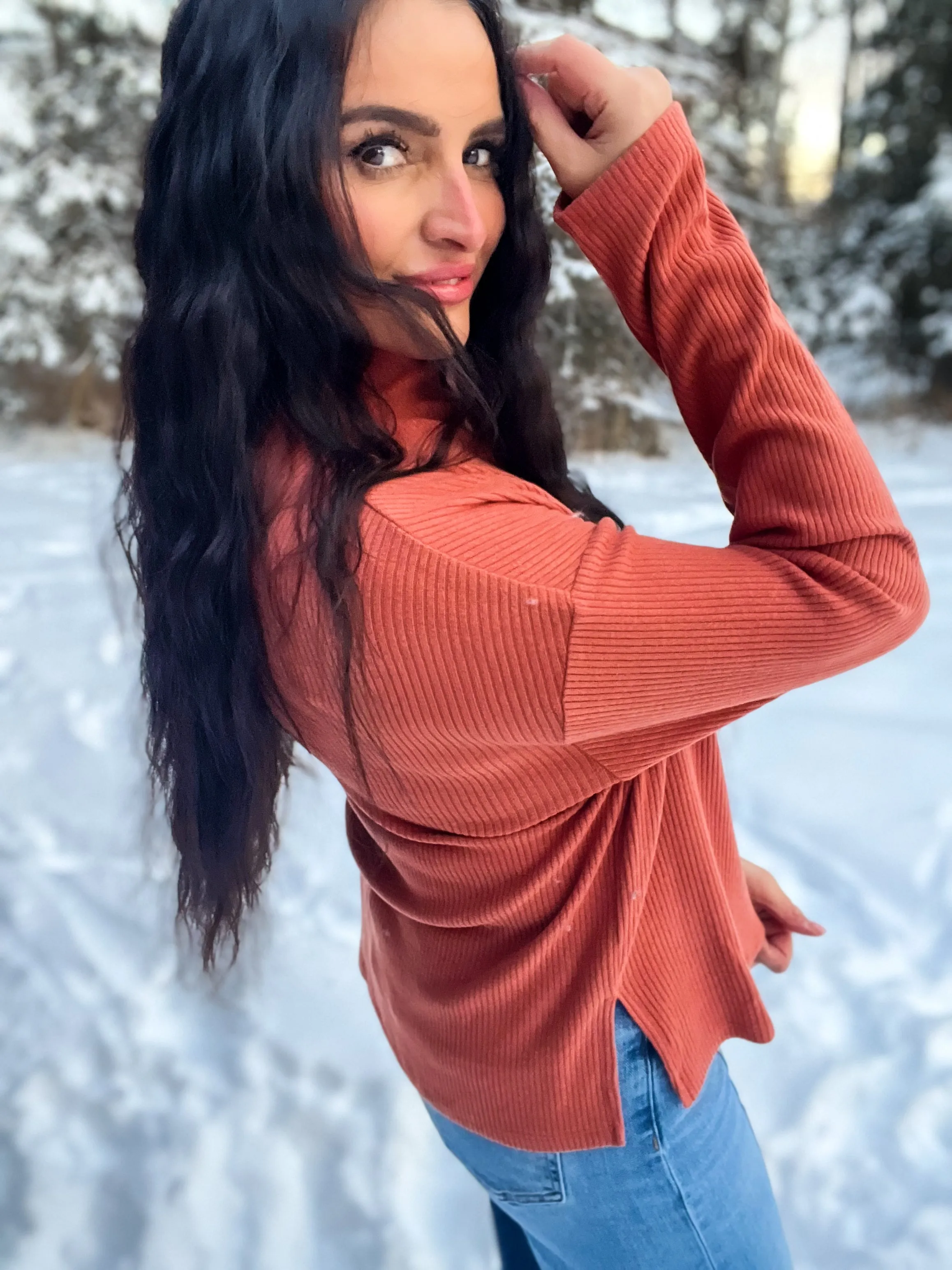 Countless Memories High Neck Slit Top- Clay