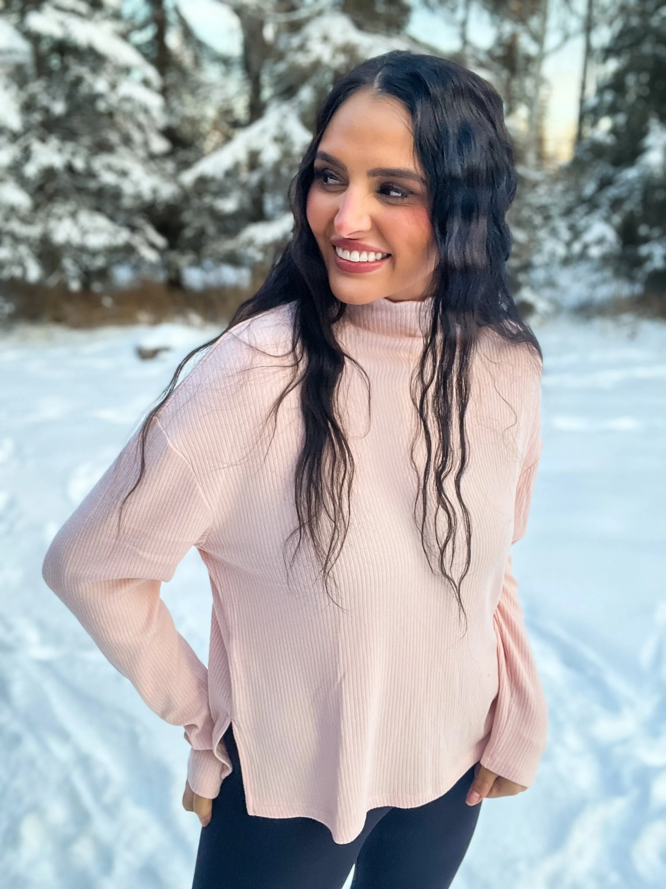 Countless Memories High Neck Slit Top- Dusty Pink