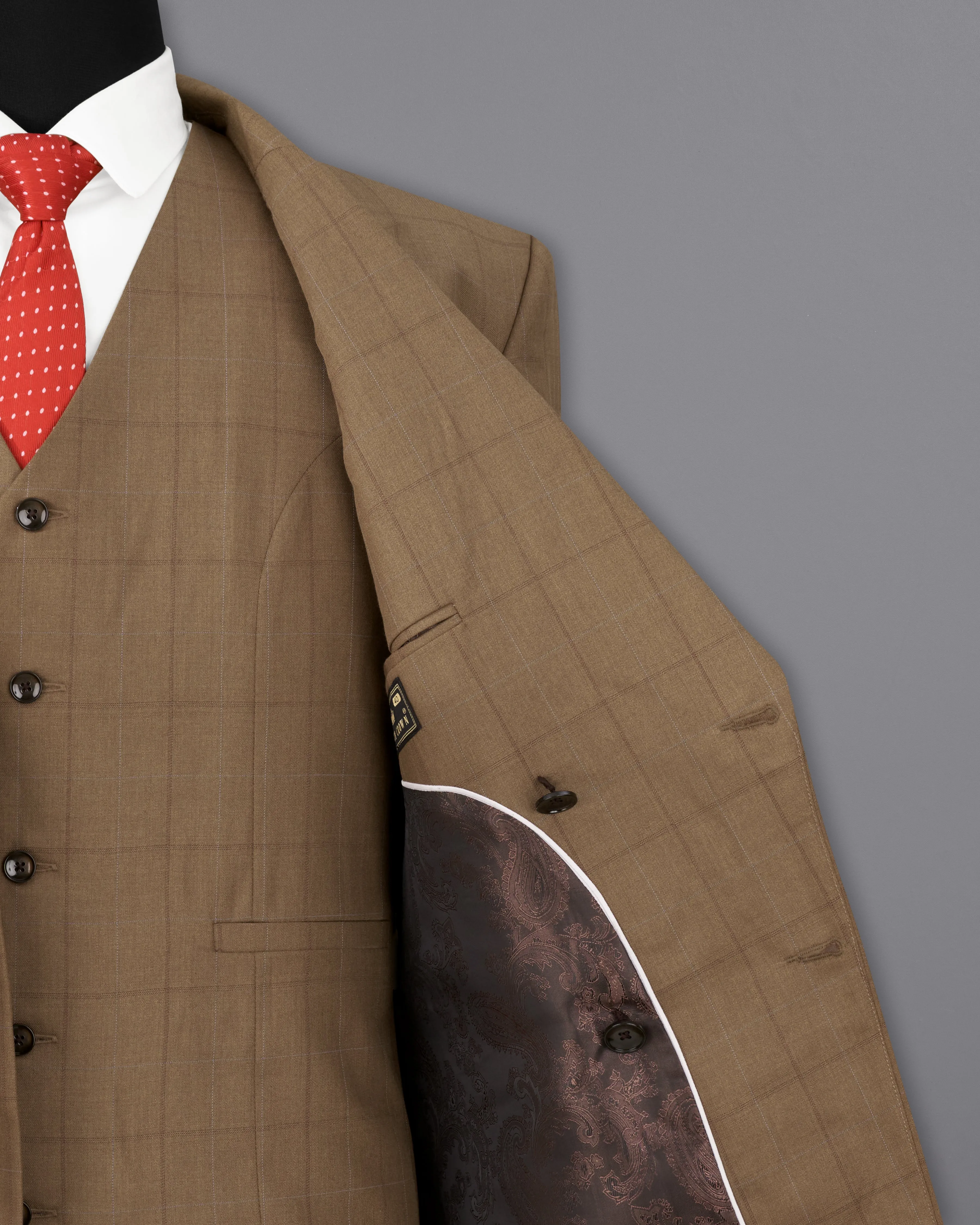Dark Taupe Brown Windowpane Double Breasted Blazer