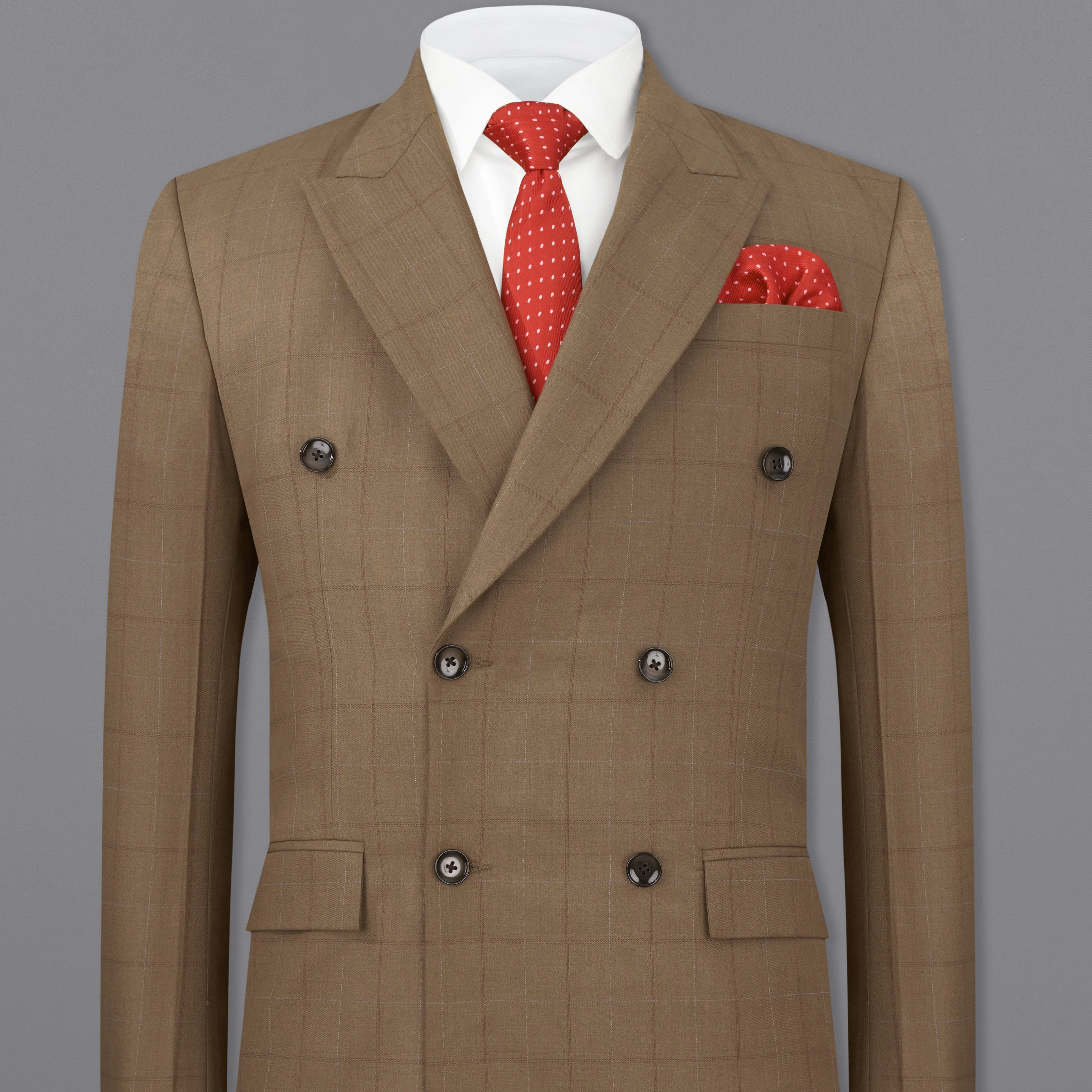Dark Taupe Brown Windowpane Double Breasted Blazer