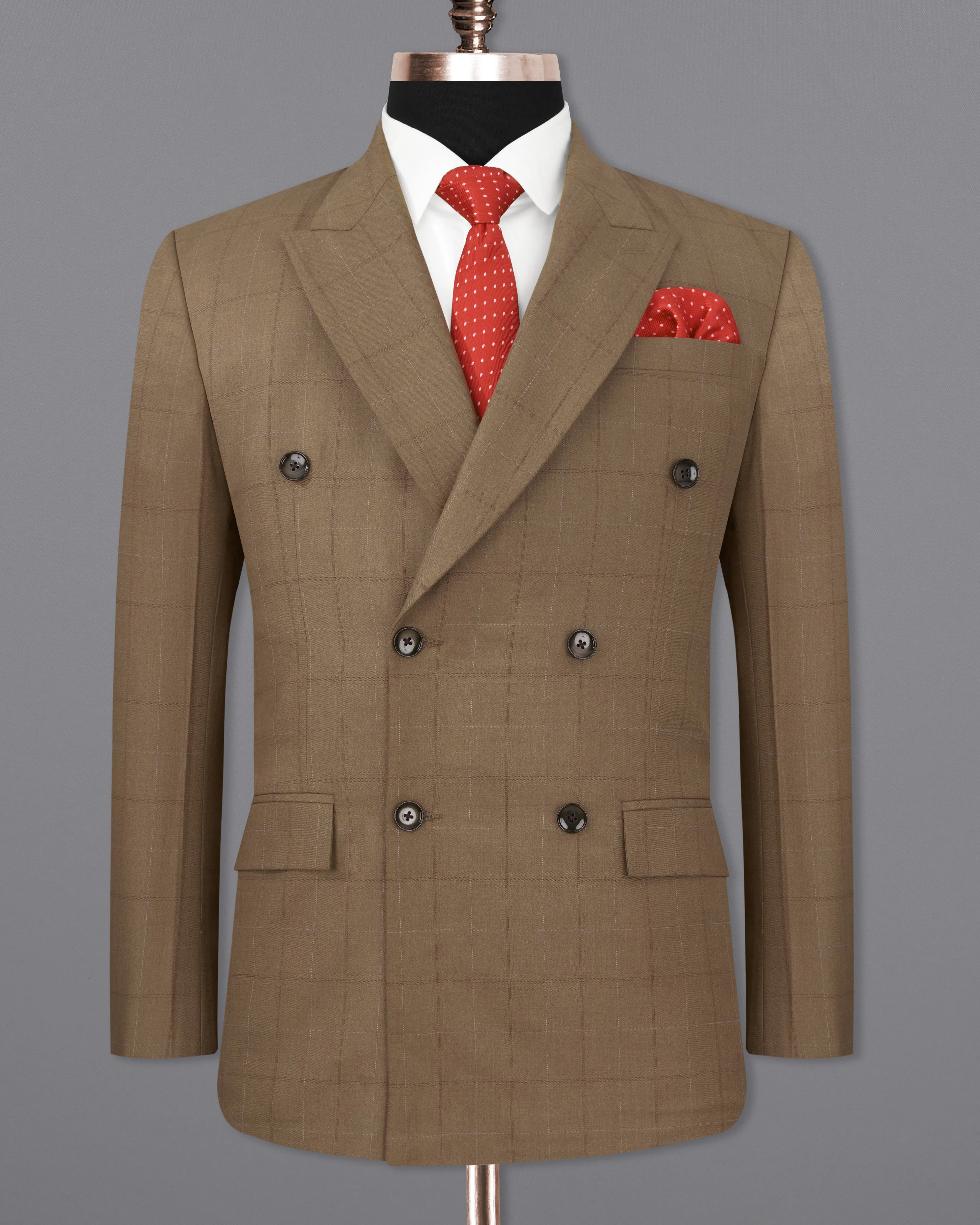 Dark Taupe Brown Windowpane Double Breasted Blazer