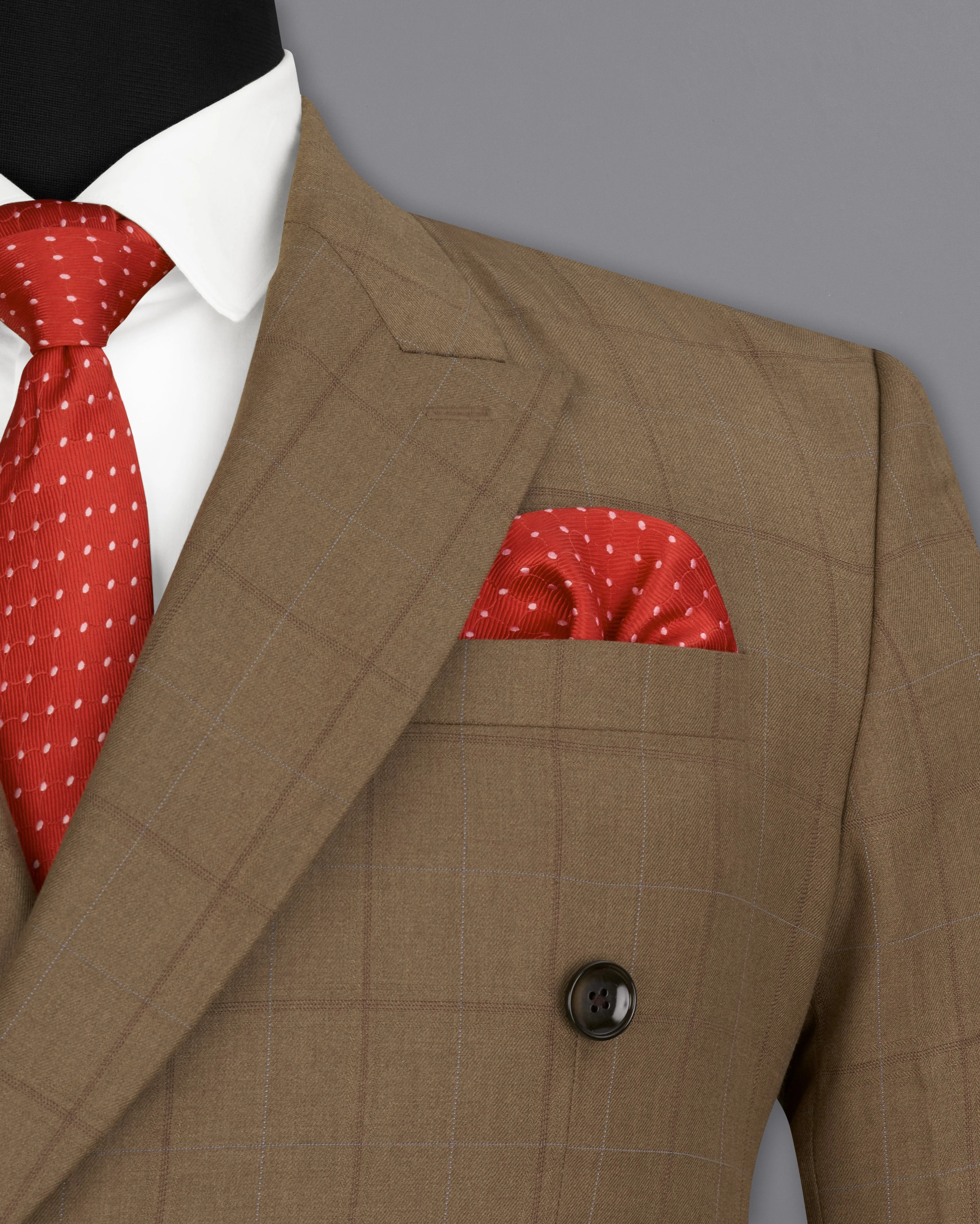 Dark Taupe Brown Windowpane Double Breasted Blazer