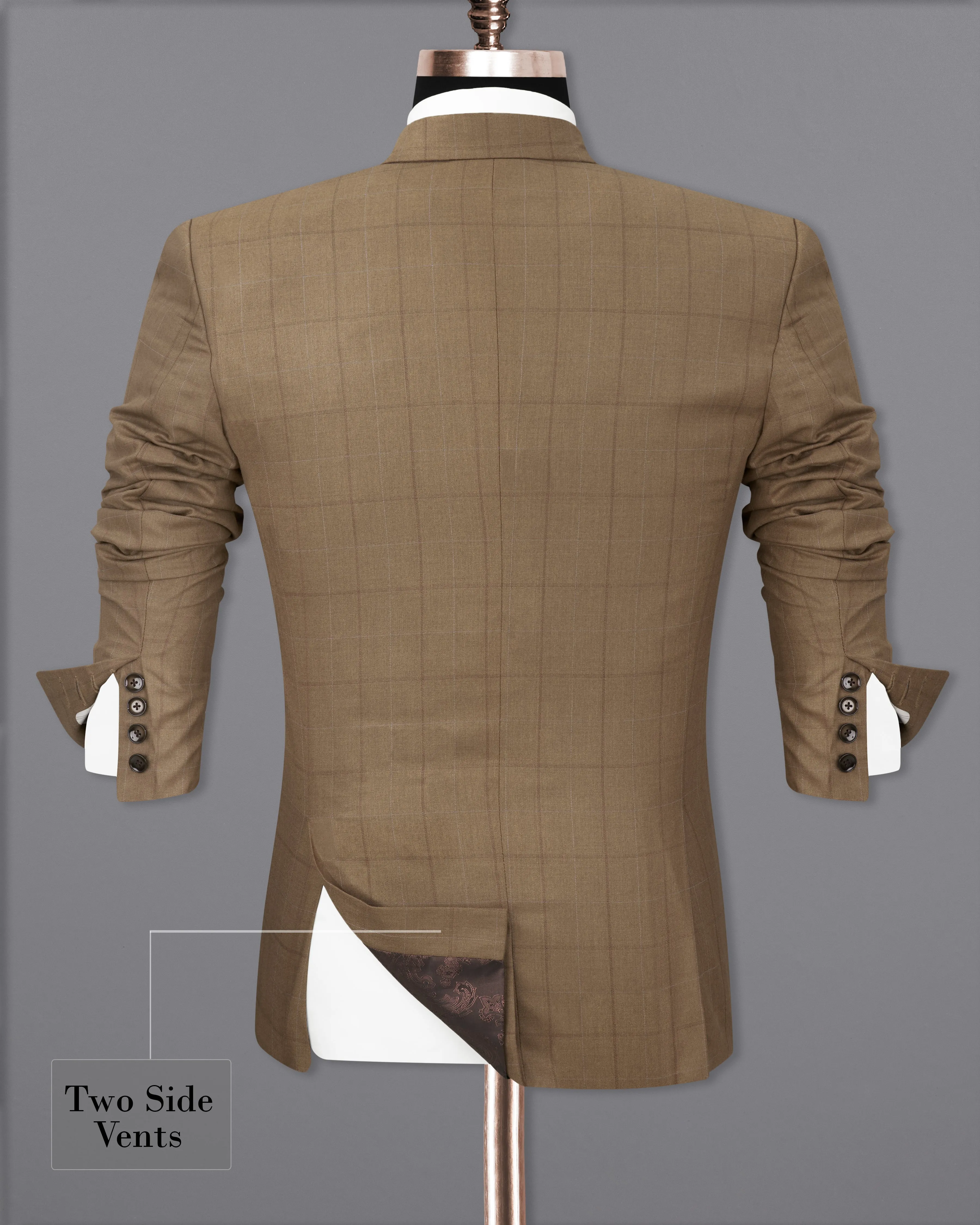 Dark Taupe Brown Windowpane Double Breasted Blazer