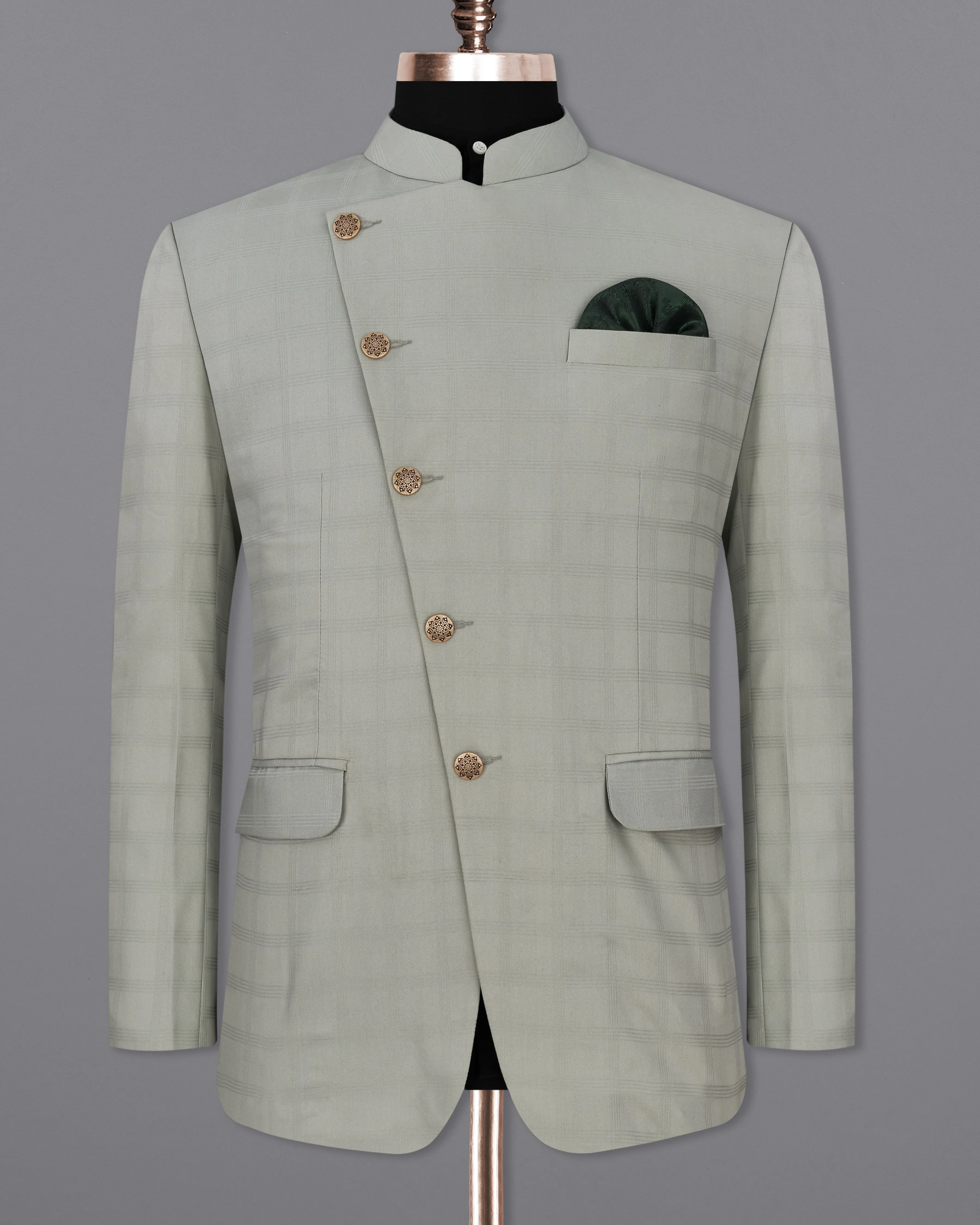 Dawn Gray Plaid Cross Buttoned Bandhgala Blazer