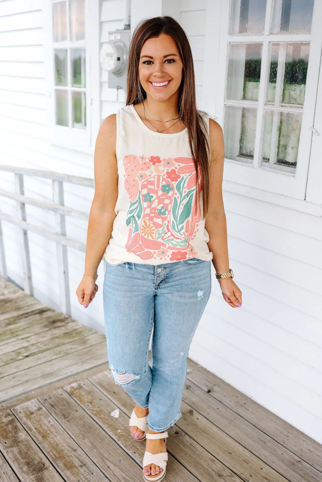 Desert Cactus Cowgirl Boot Tank - Ivory