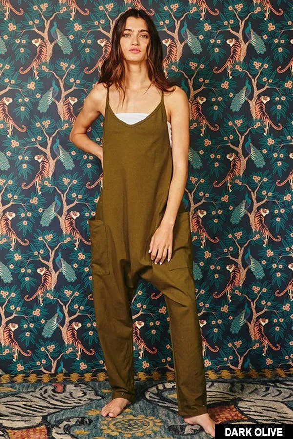 Drop Crotch V-neck Solid Jersey Jumpsuit
