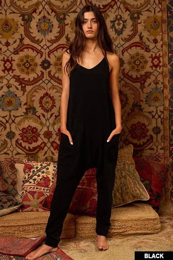 Drop Crotch V-neck Solid Jersey Jumpsuit