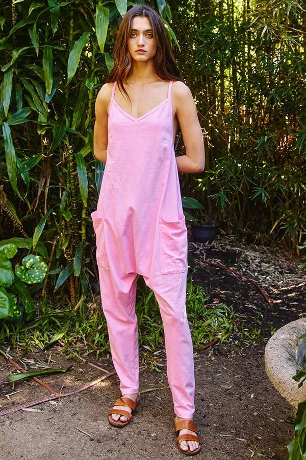 Drop Crotch V-neck Solid Jersey Jumpsuit