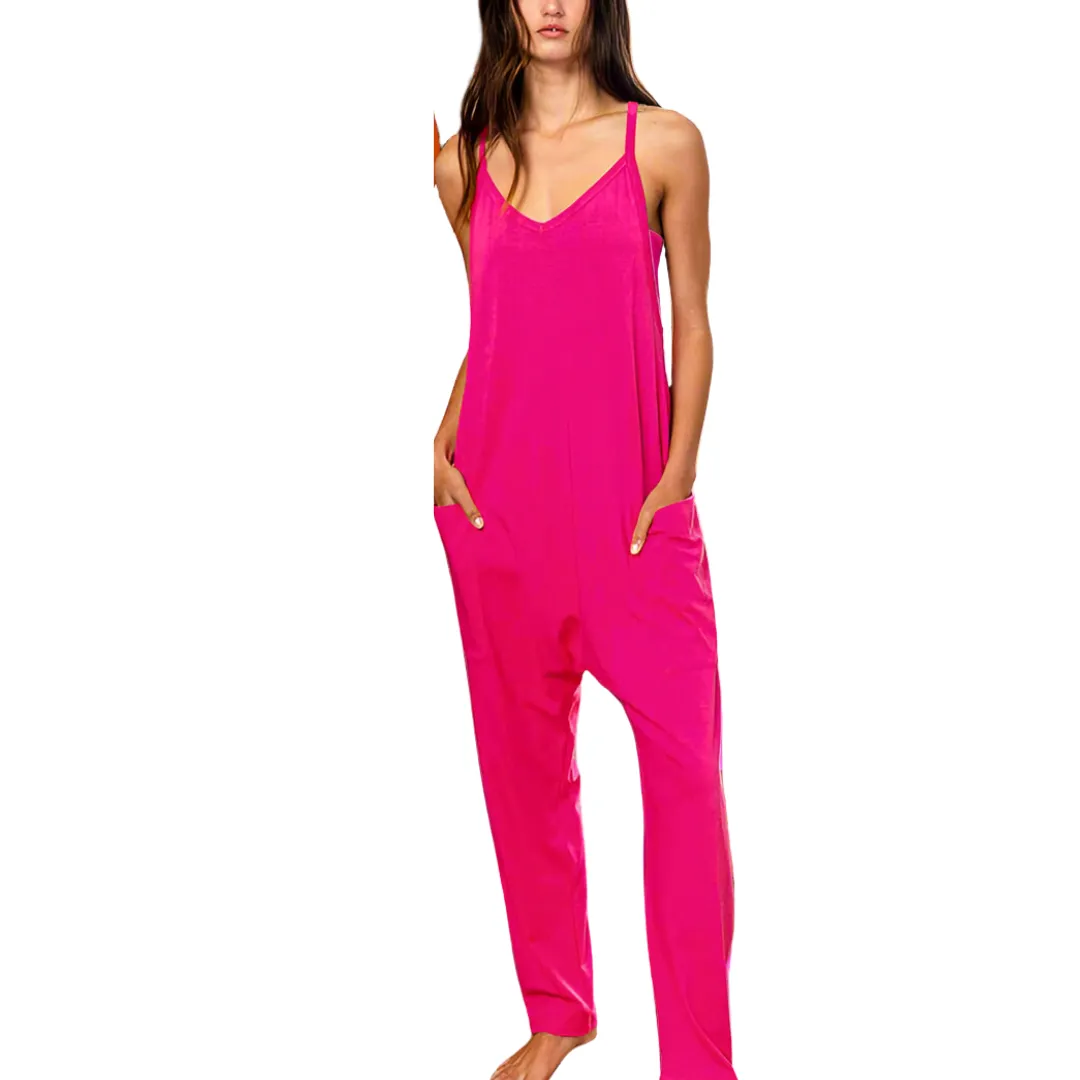 Drop Crotch V-neck Solid Jersey Jumpsuit