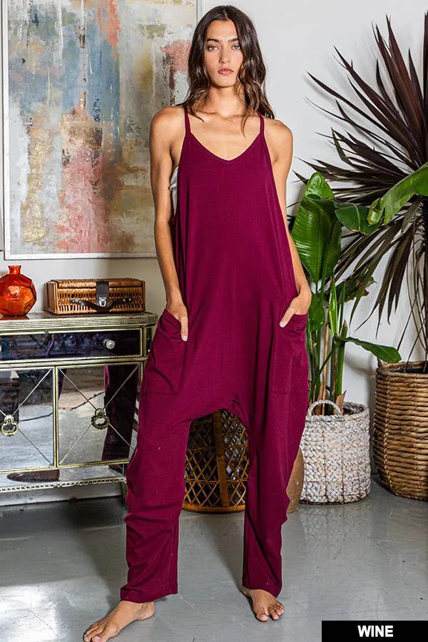 Drop Crotch V-neck Solid Jersey Jumpsuit