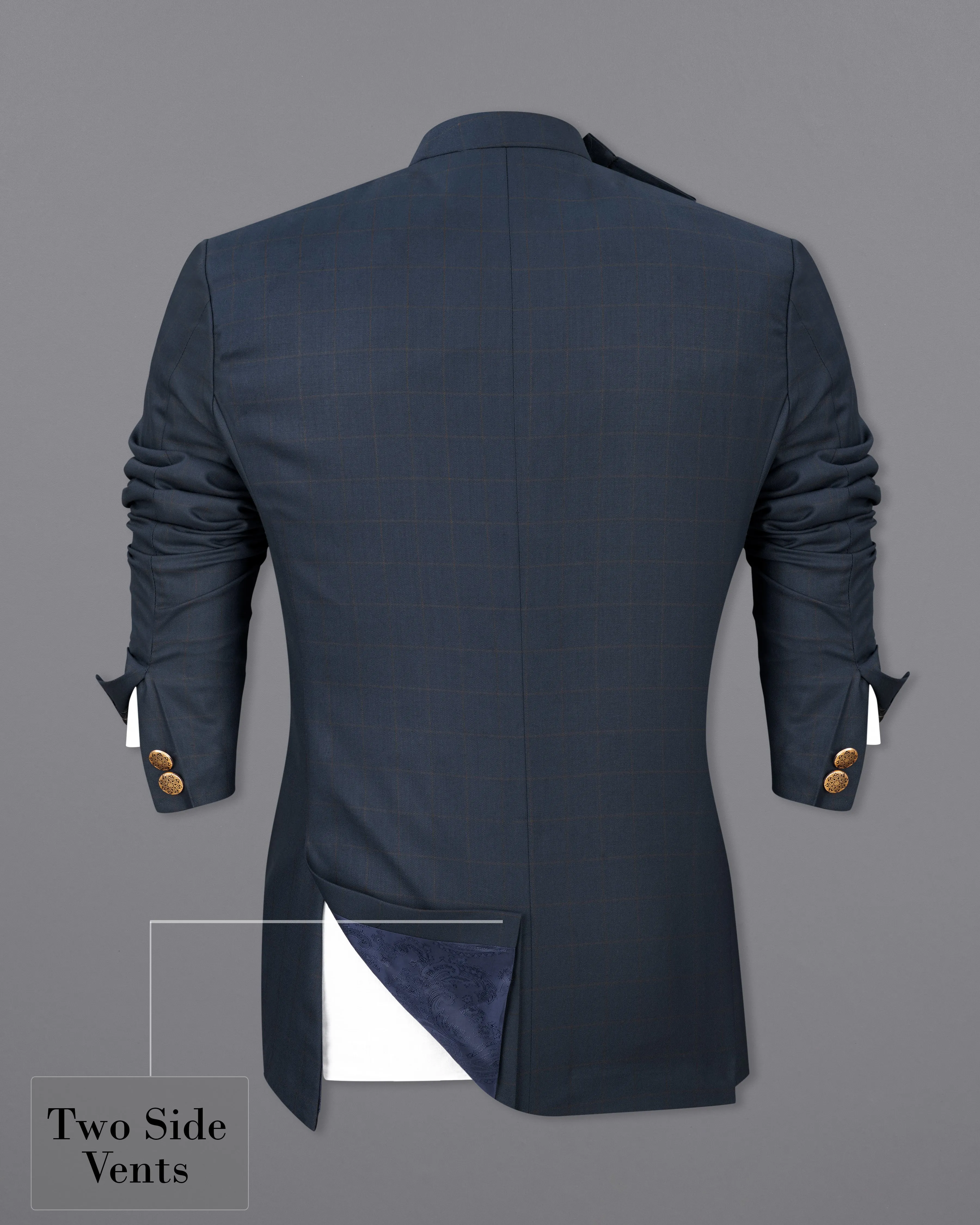 Ebony Clay Blue Windowpane Cross Buttoned Bandhgaala Blazer