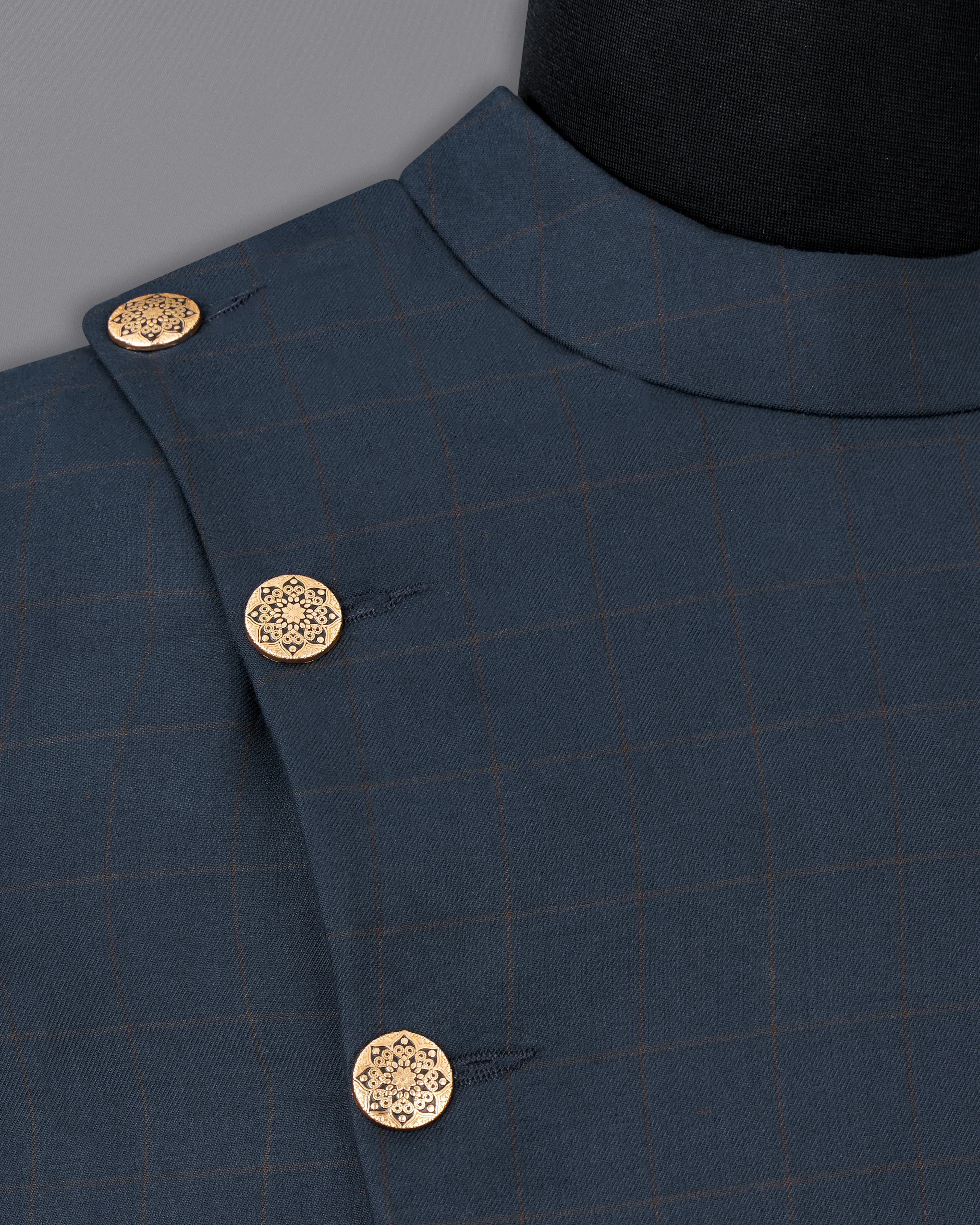 Ebony Clay Blue Windowpane Cross Buttoned Bandhgaala Blazer