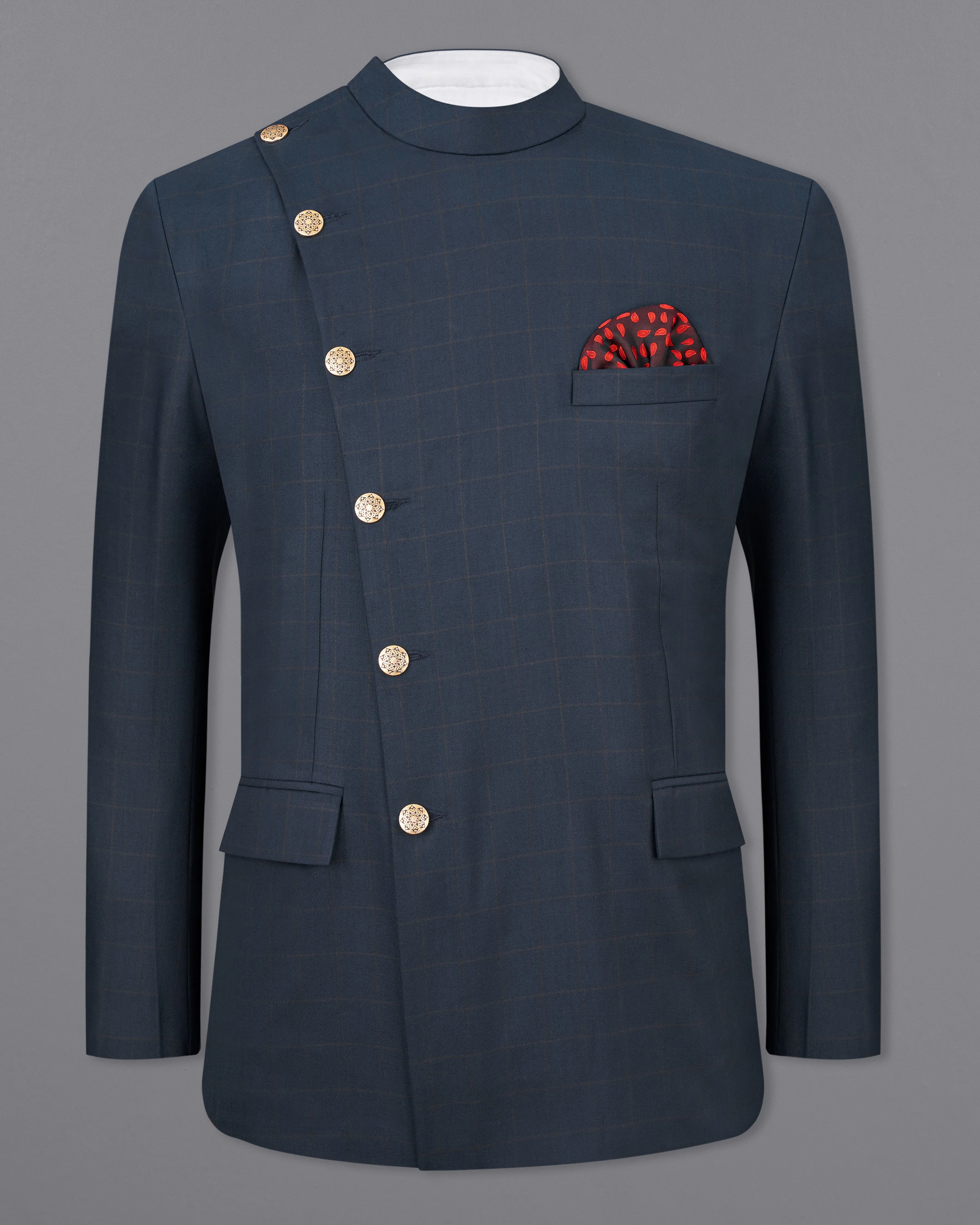Ebony Clay Blue Windowpane Cross Buttoned Bandhgaala Blazer