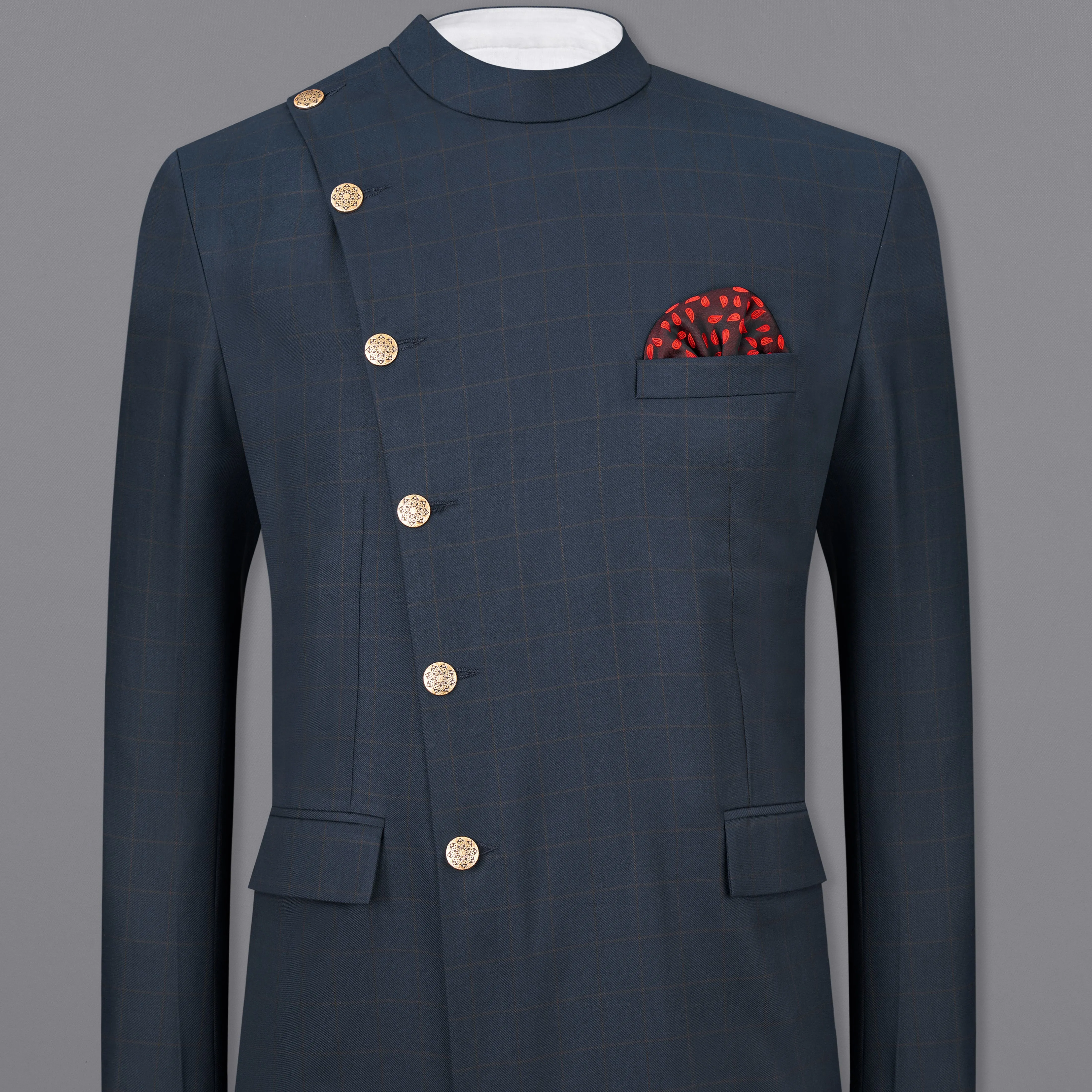 Ebony Clay Blue Windowpane Cross Buttoned Bandhgaala Blazer