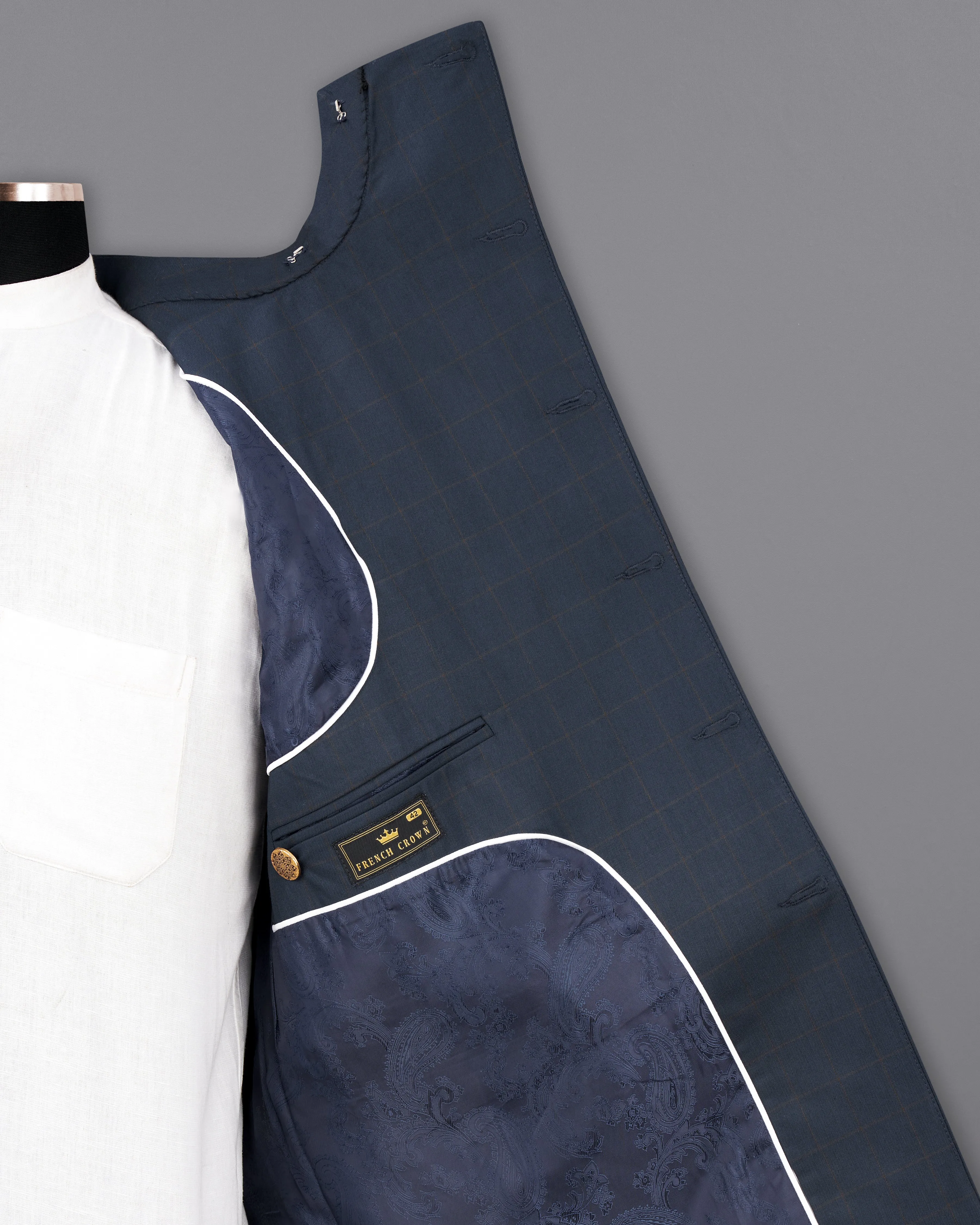 Ebony Clay Blue Windowpane Cross Buttoned Bandhgaala Blazer