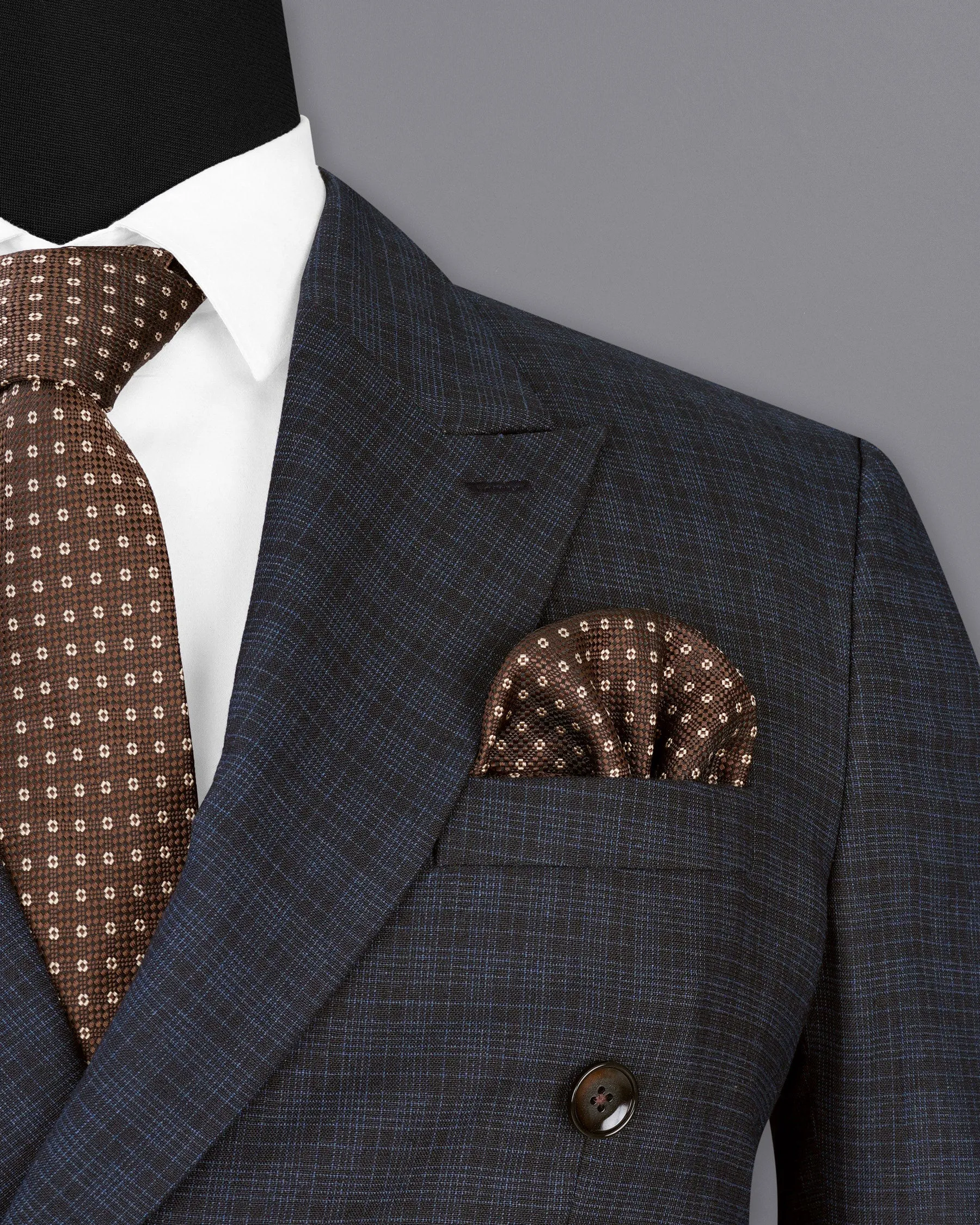 Ebony Clay Gray and Metallic Blue Plaid Double-Breasted Blazer