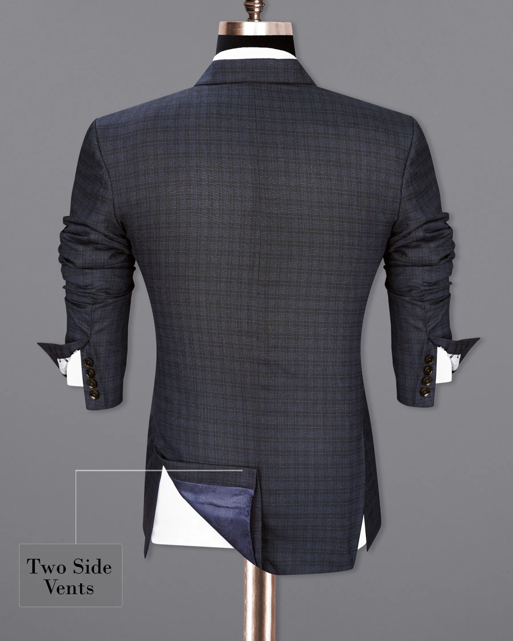 Ebony Clay Gray and Metallic Blue Plaid Double-Breasted Blazer
