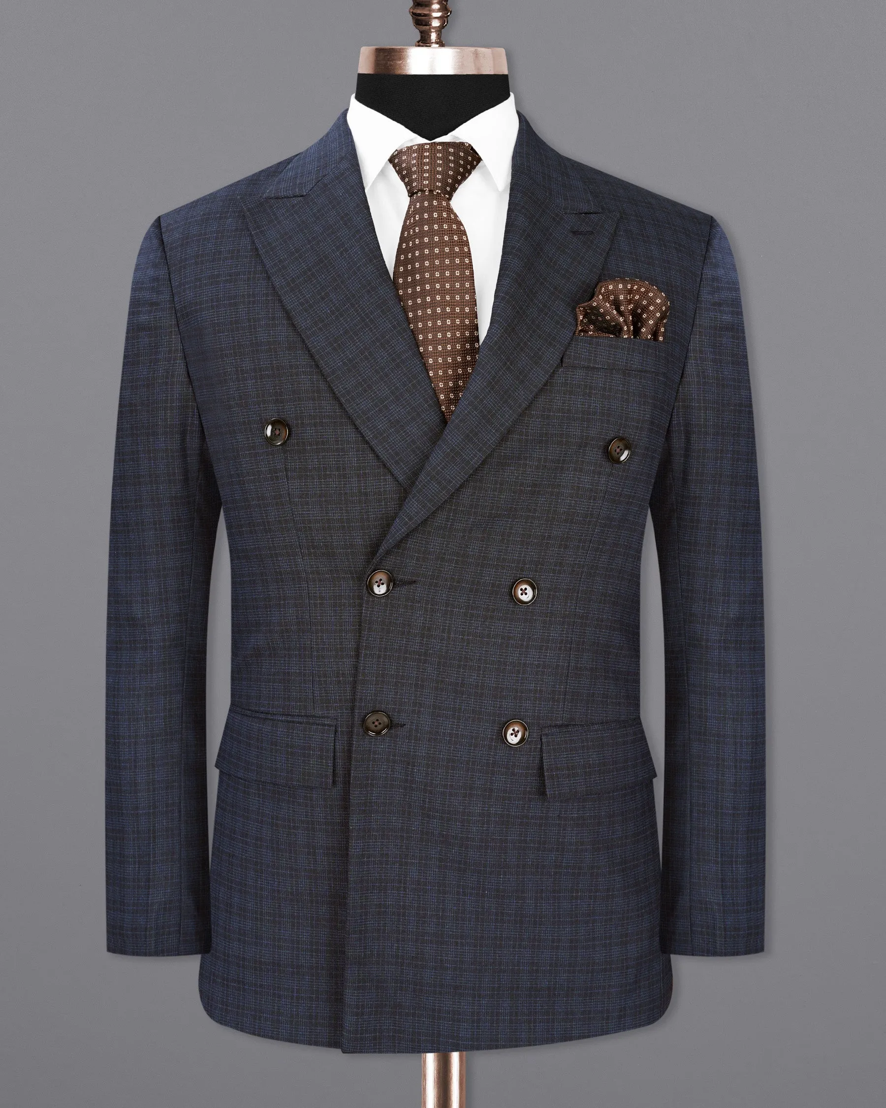 Ebony Clay Gray and Metallic Blue Plaid Double-Breasted Blazer