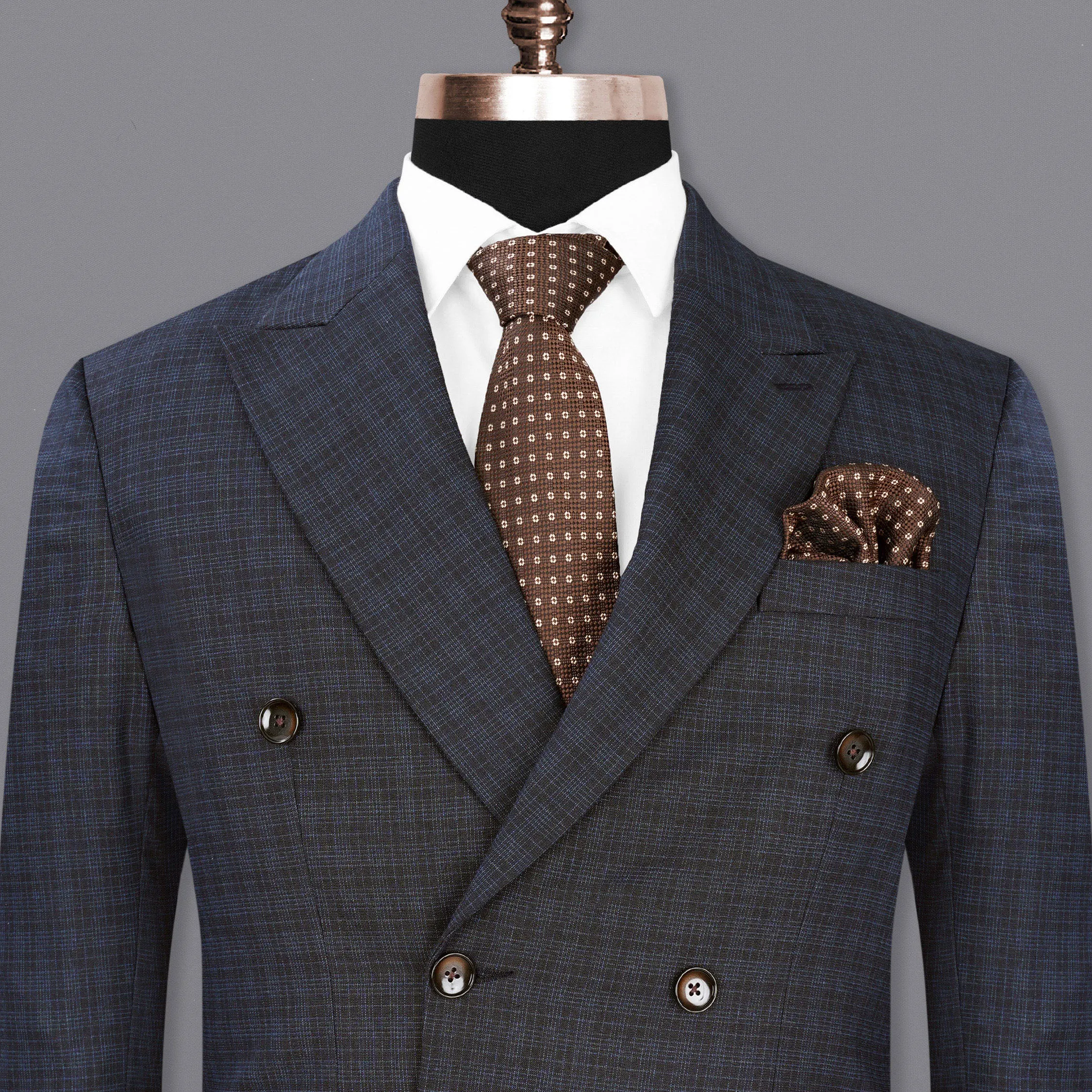 Ebony Clay Gray and Metallic Blue Plaid Double-Breasted Blazer