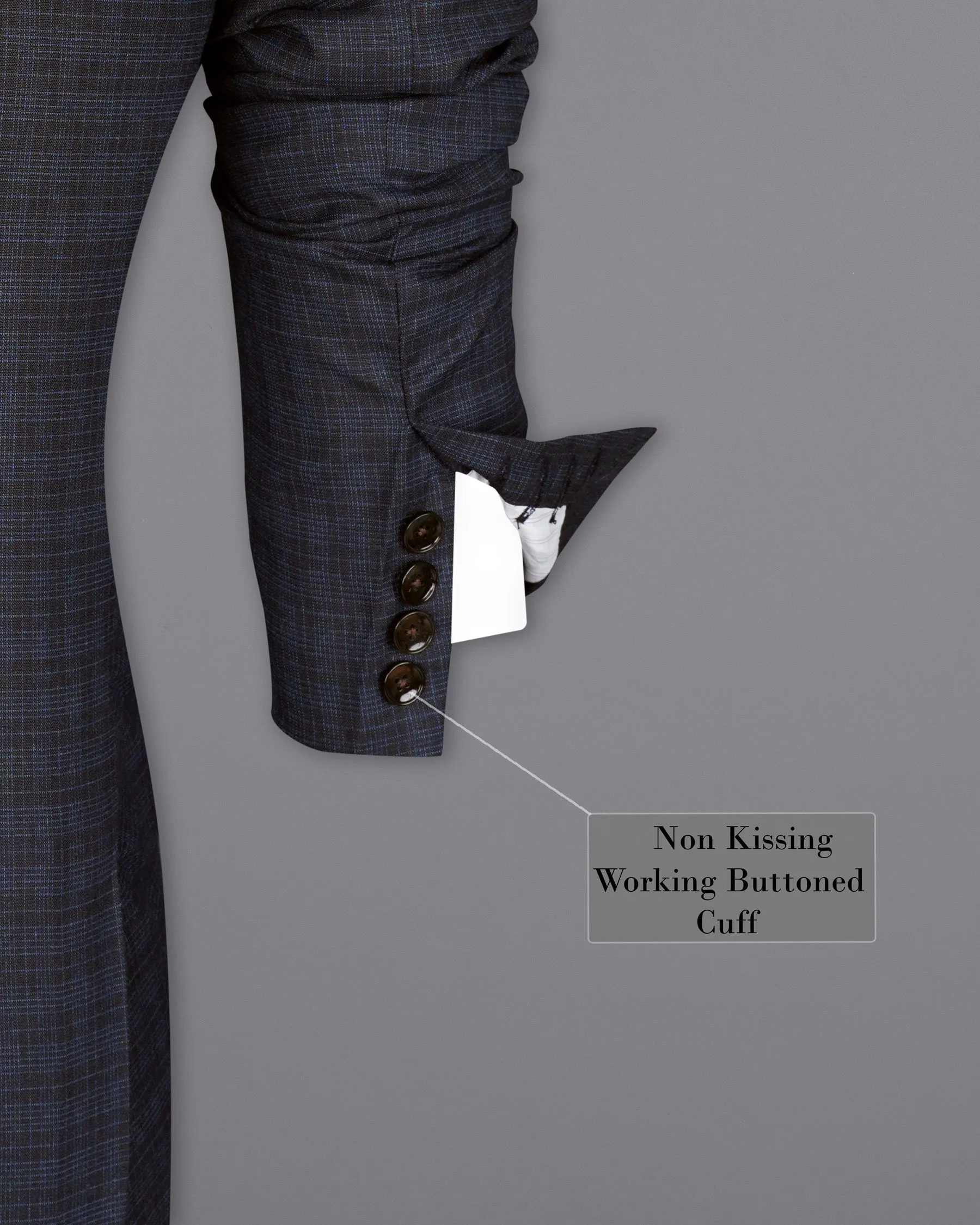 Ebony Clay Gray and Metallic Blue Plaid Double-Breasted Blazer