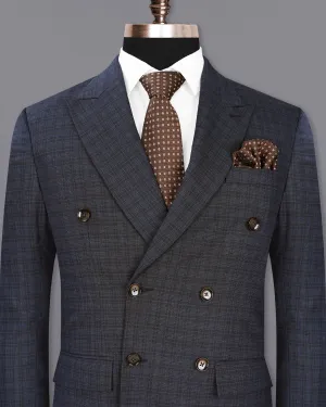 Ebony Clay Gray and Metallic Blue Plaid Double-Breasted Blazer