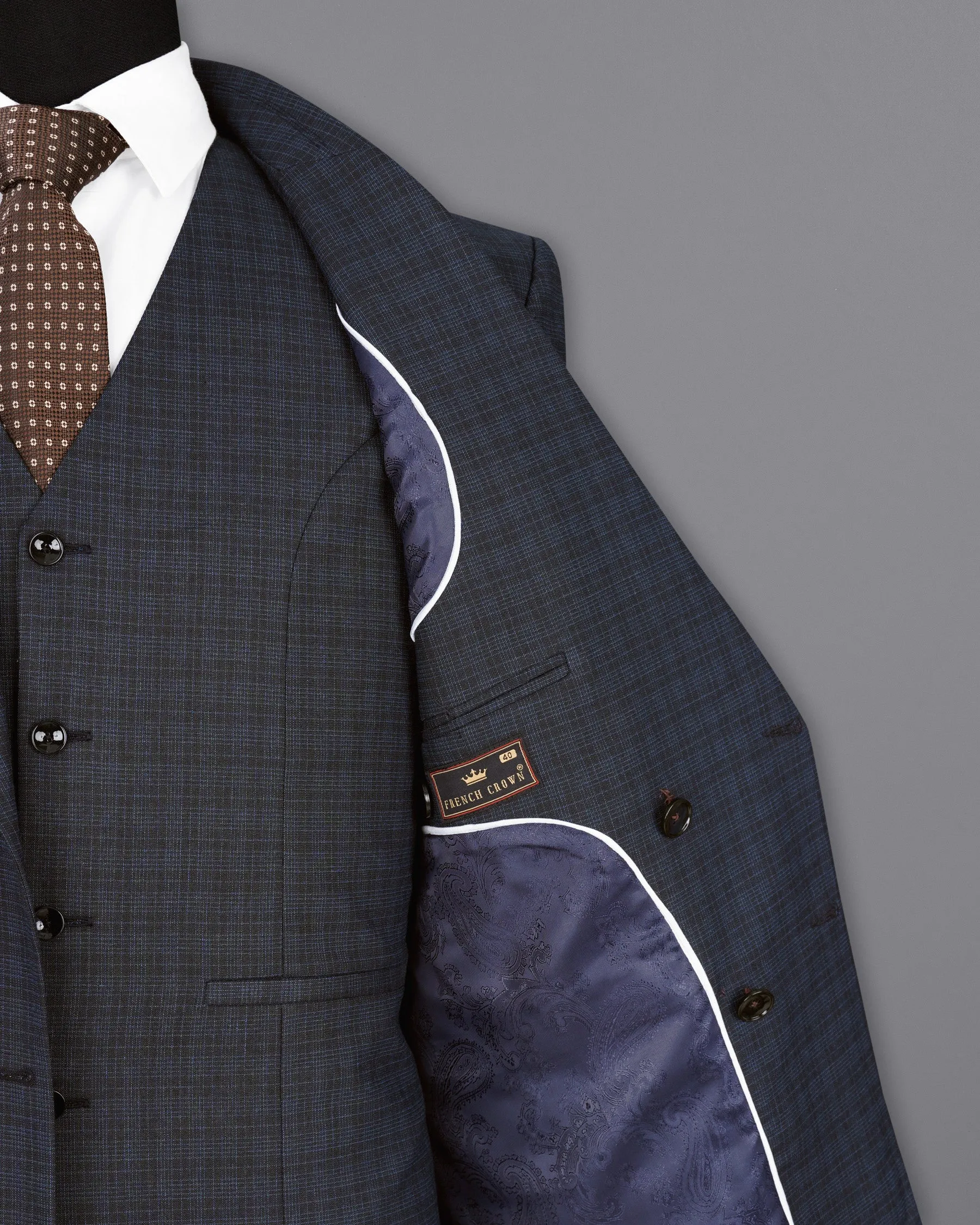 Ebony Clay Gray and Metallic Blue Plaid Double-Breasted Blazer