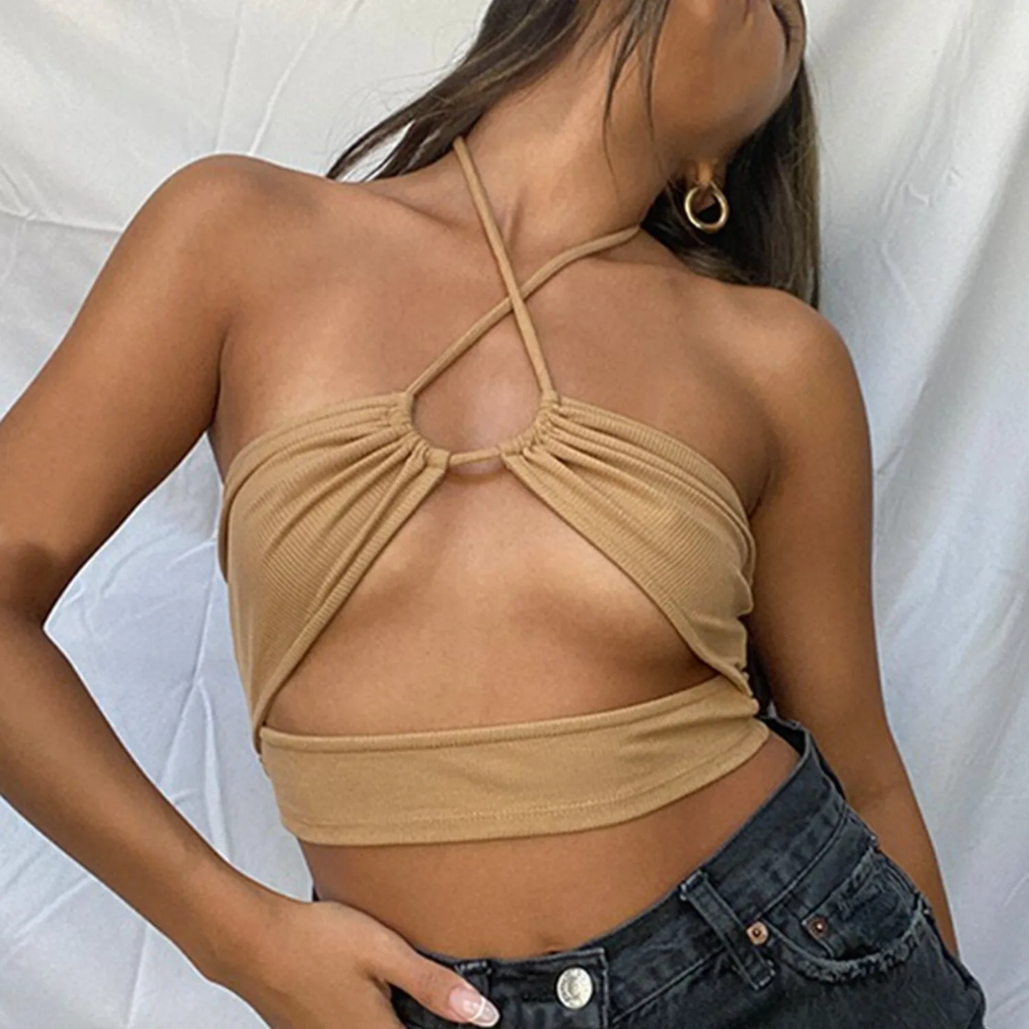 Erin Camel Ribbed Cut Out Top