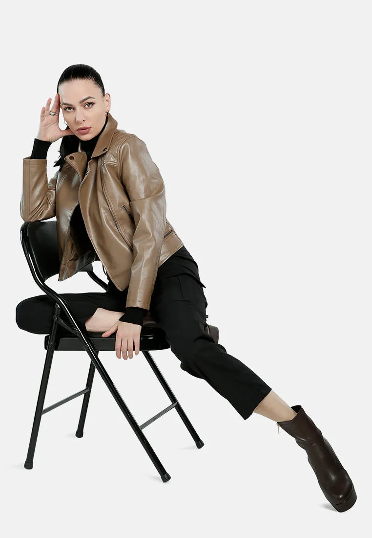 Faux Leather Collared Biker Jacket