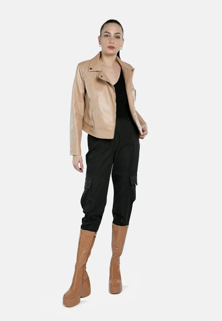 Faux Leather Collared Biker Jacket