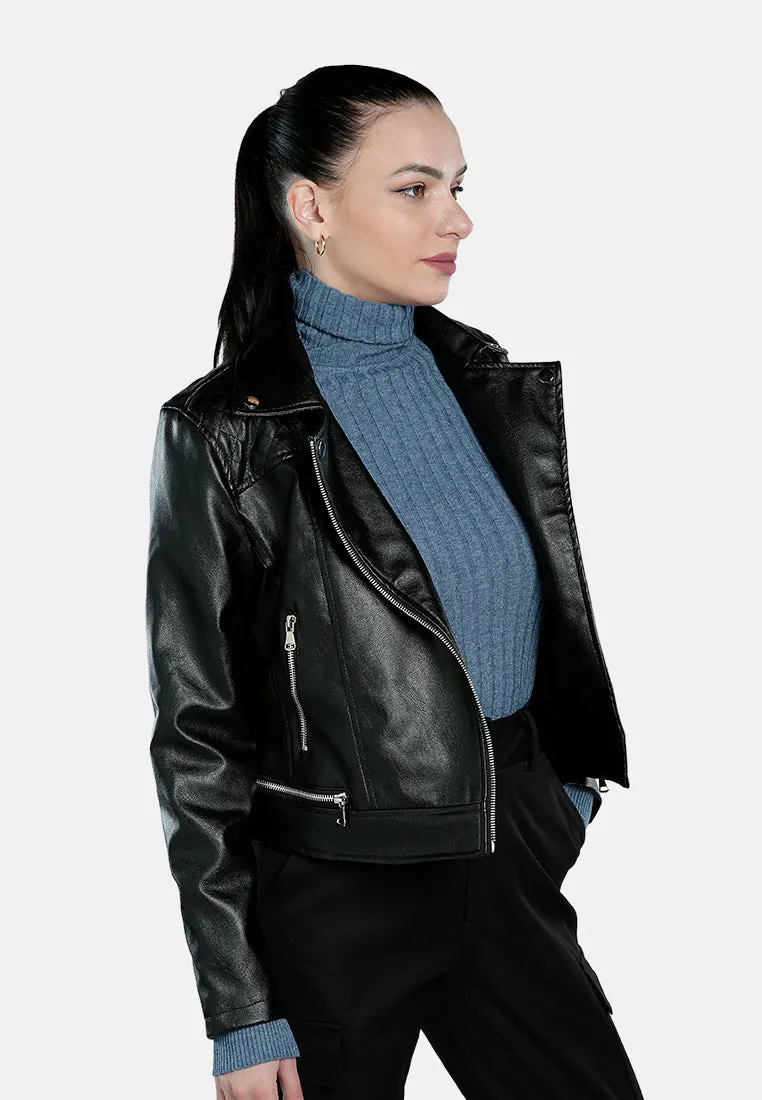Faux Leather Collared Biker Jacket
