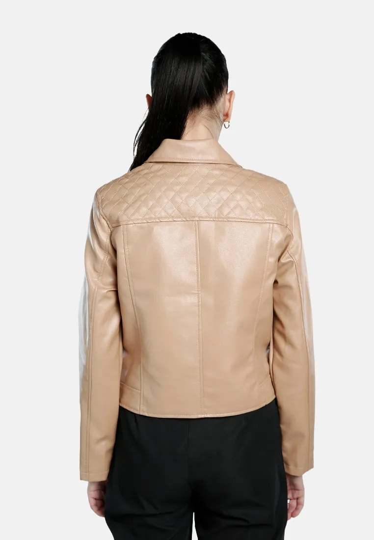Faux Leather Collared Biker Jacket
