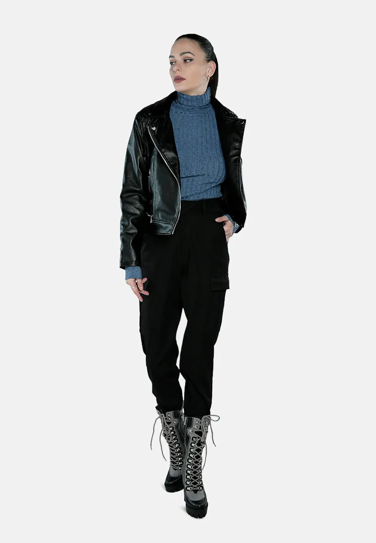 Faux Leather Collared Biker Jacket