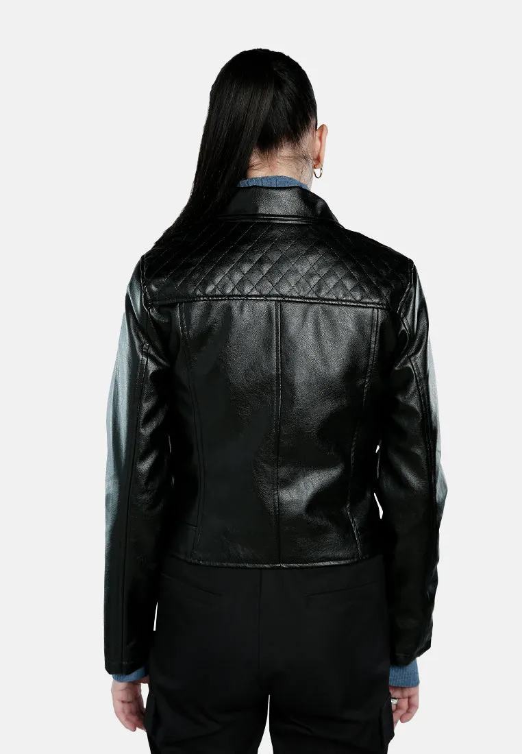 Faux Leather Collared Biker Jacket