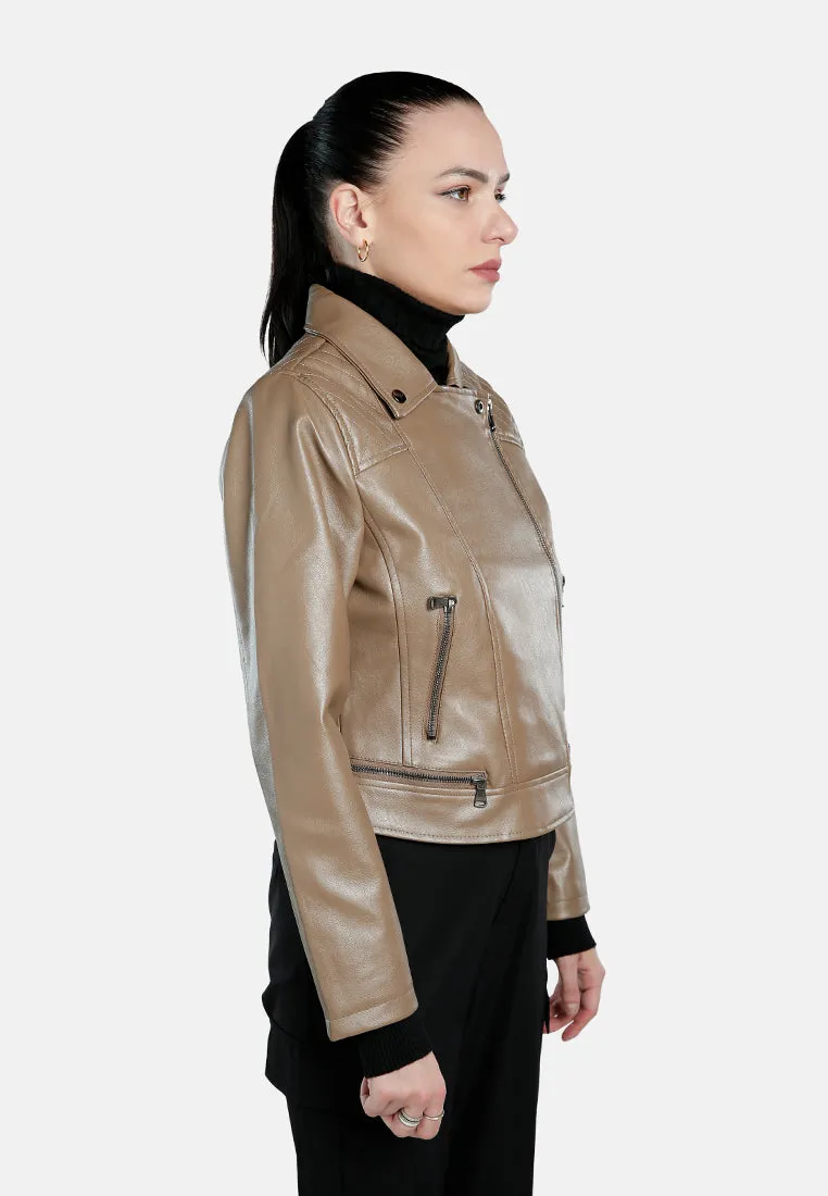Faux Leather Collared Biker Jacket