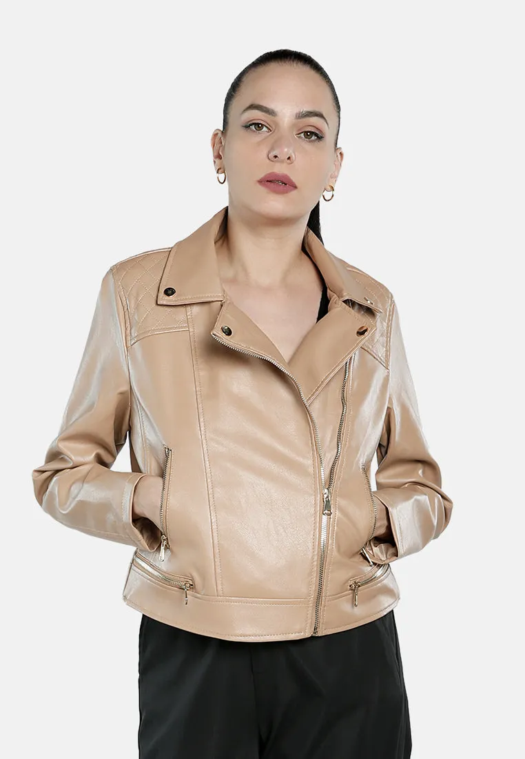 Faux Leather Collared Biker Jacket
