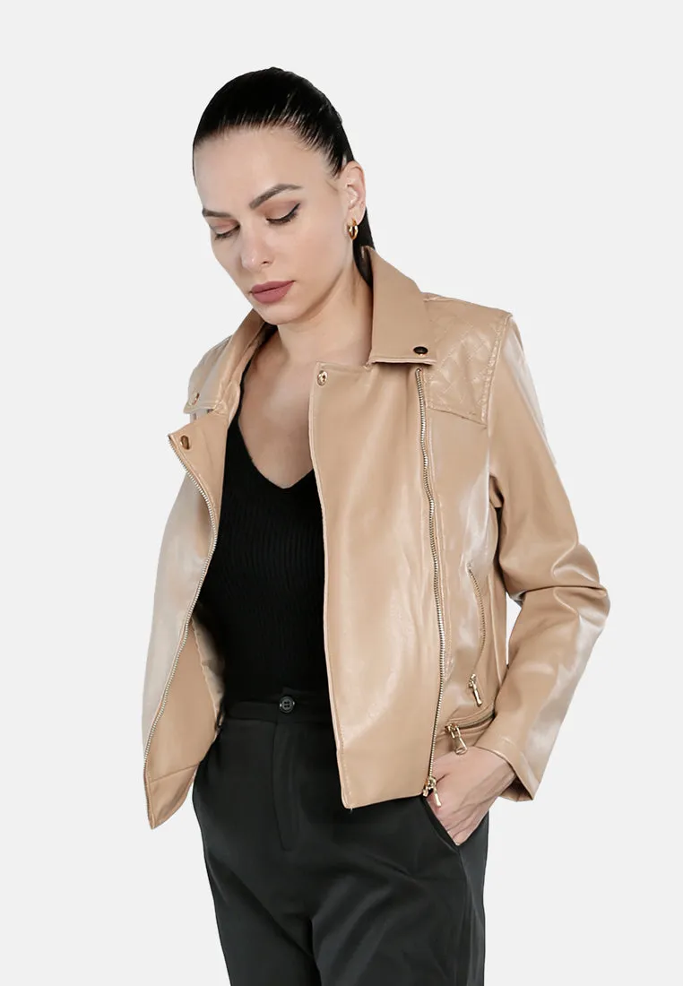 Faux Leather Collared Biker Jacket