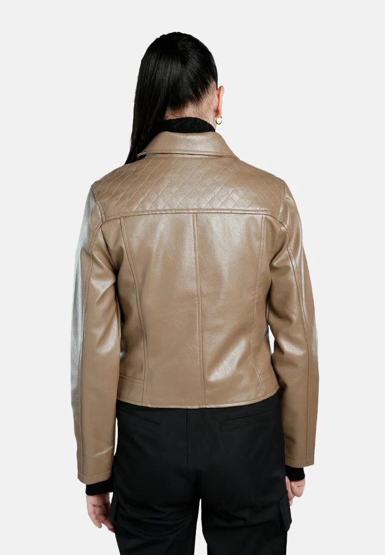 Faux Leather Collared Biker Jacket