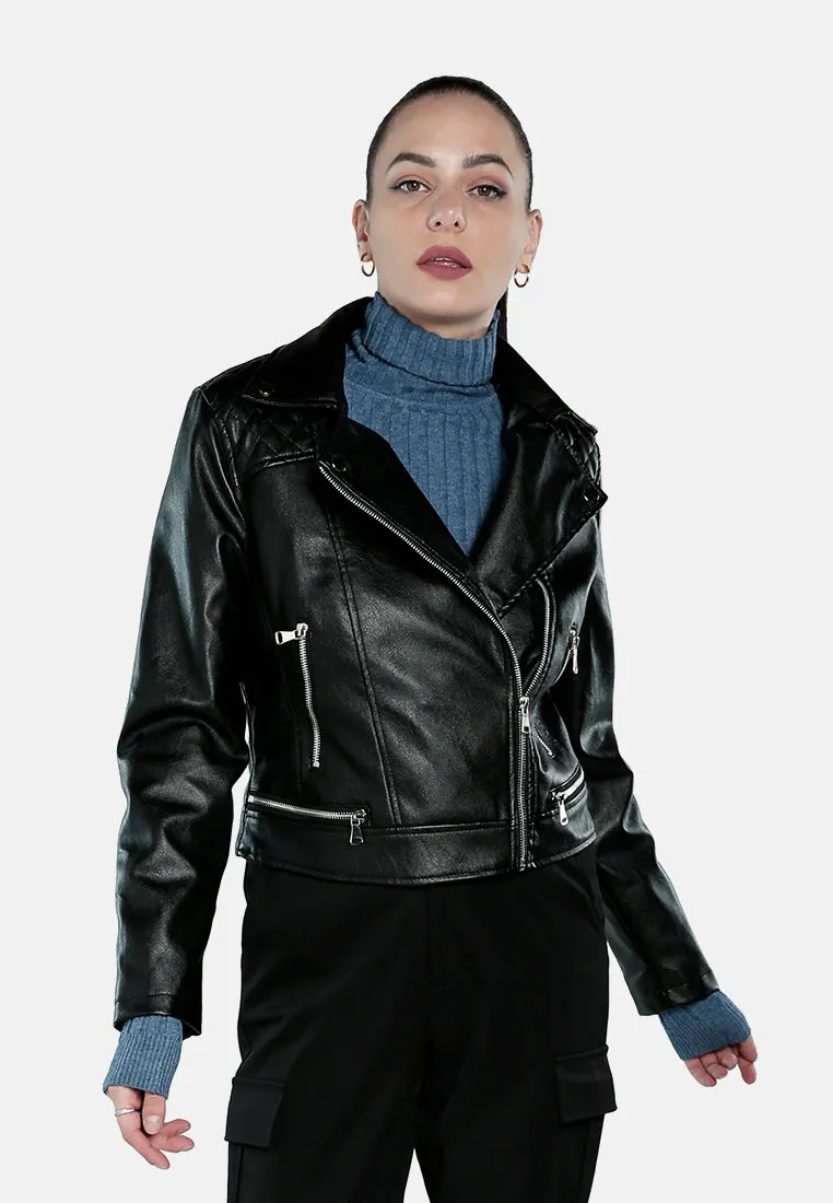 Faux Leather Collared Biker Jacket