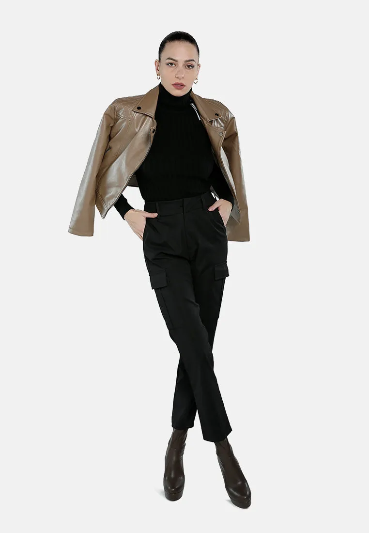 Faux Leather Collared Biker Jacket