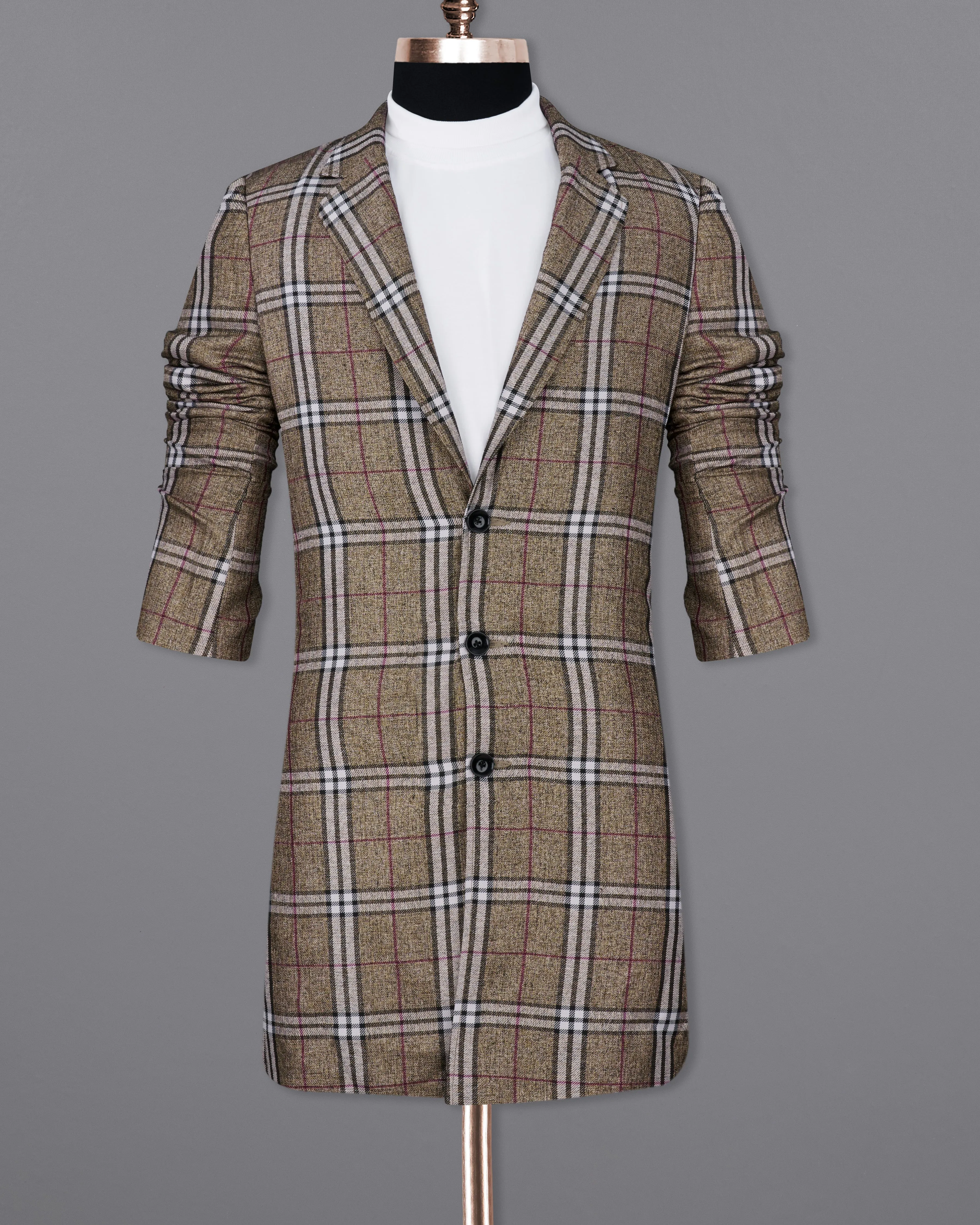 Flax Smoke Brown Plaid Designer Trench Coat