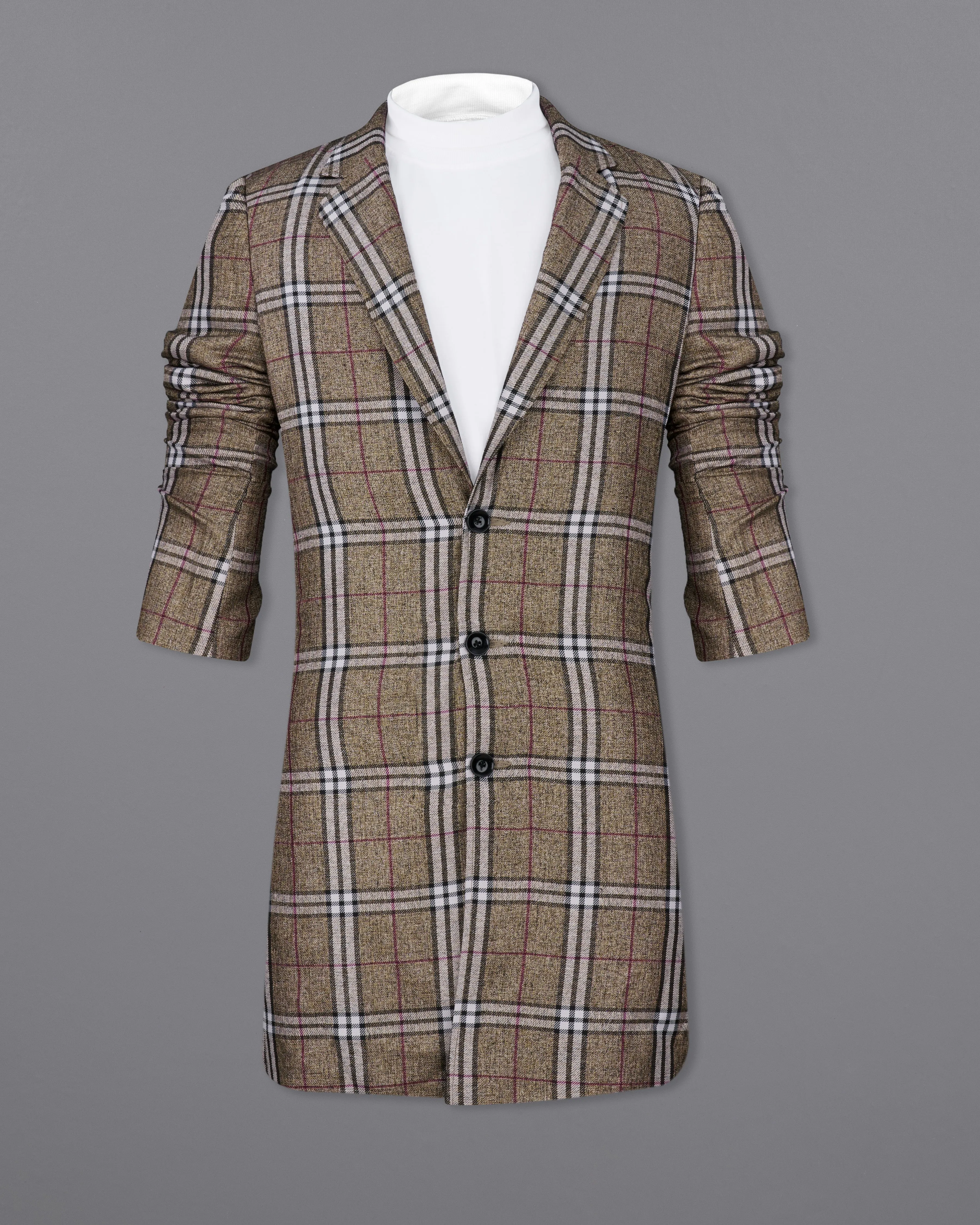 Flax Smoke Brown Plaid Designer Trench Coat