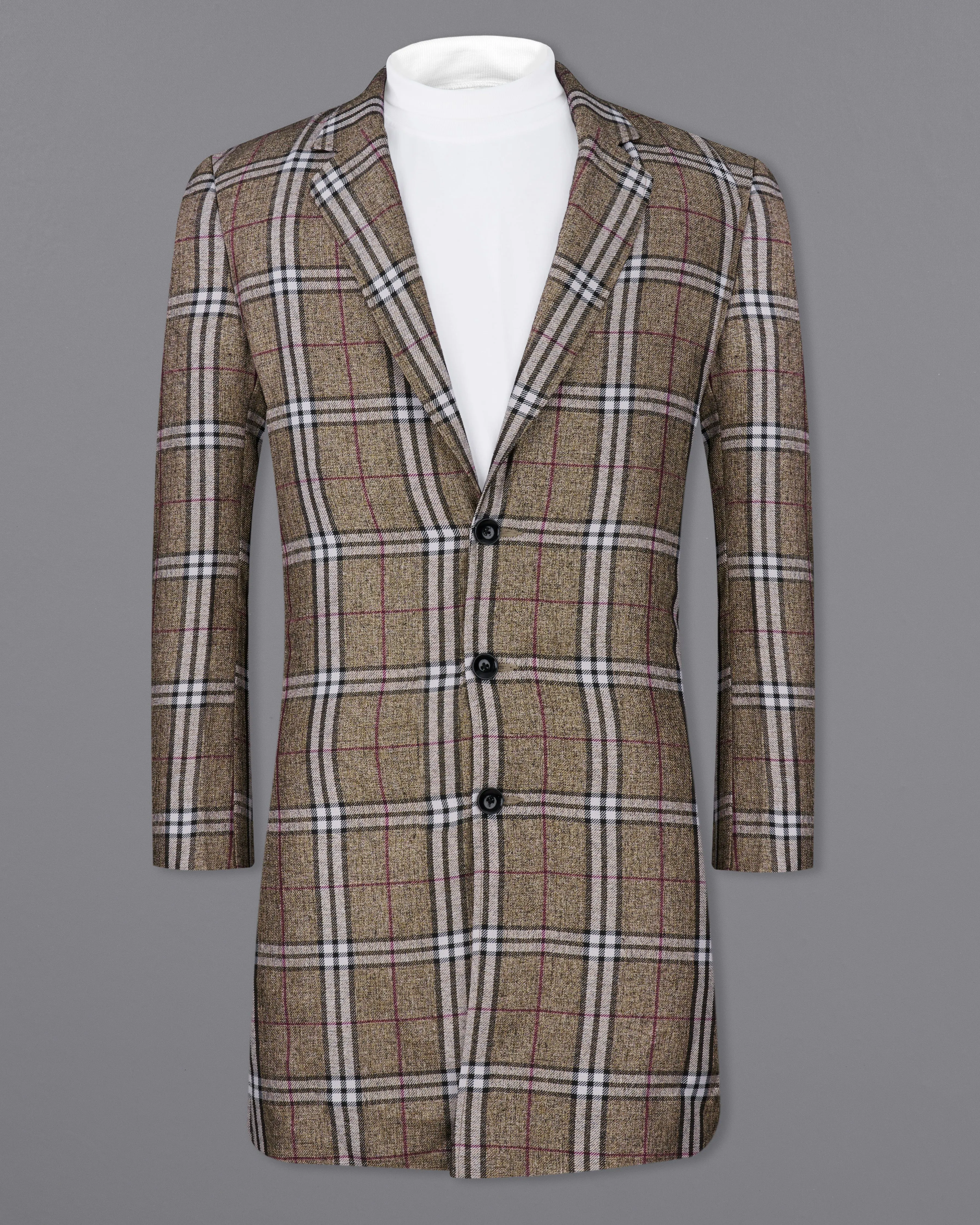 Flax Smoke Brown Plaid Designer Trench Coat